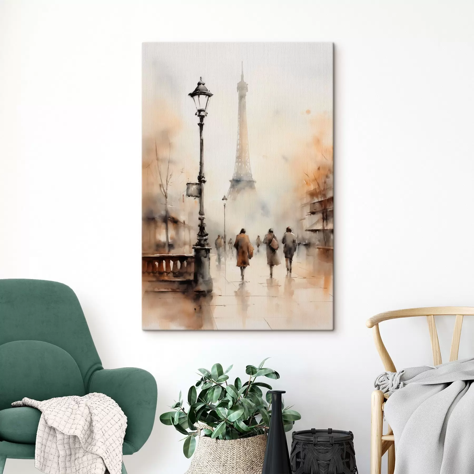 murales de pared Un lluvioso día de otoño en París con la Torre Eiffel al fondo y farolas vintage s45931