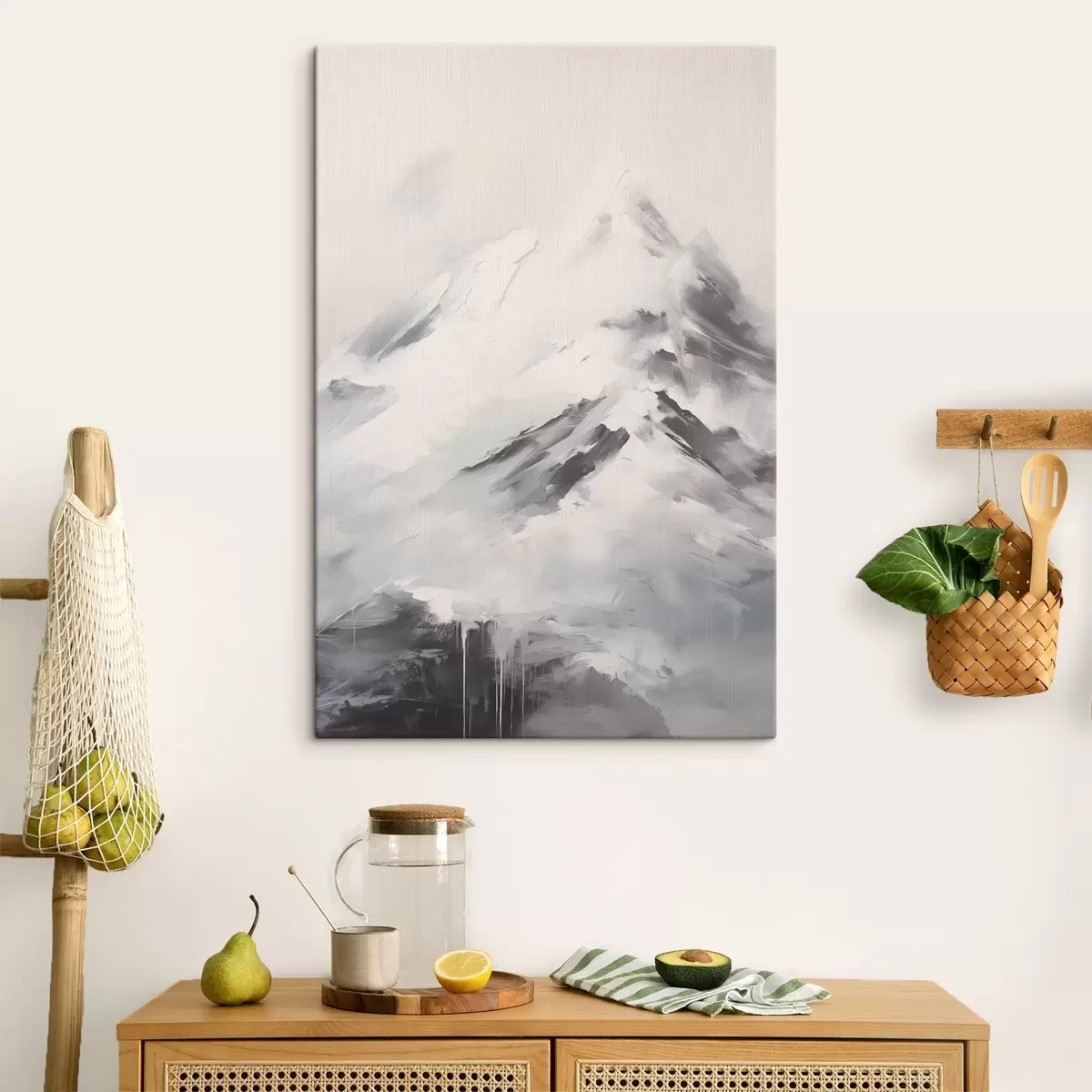 murales de pared Cumbres nevadas con sombras grises, cielo gris, pinceladas, texturizado, minimalista s45932