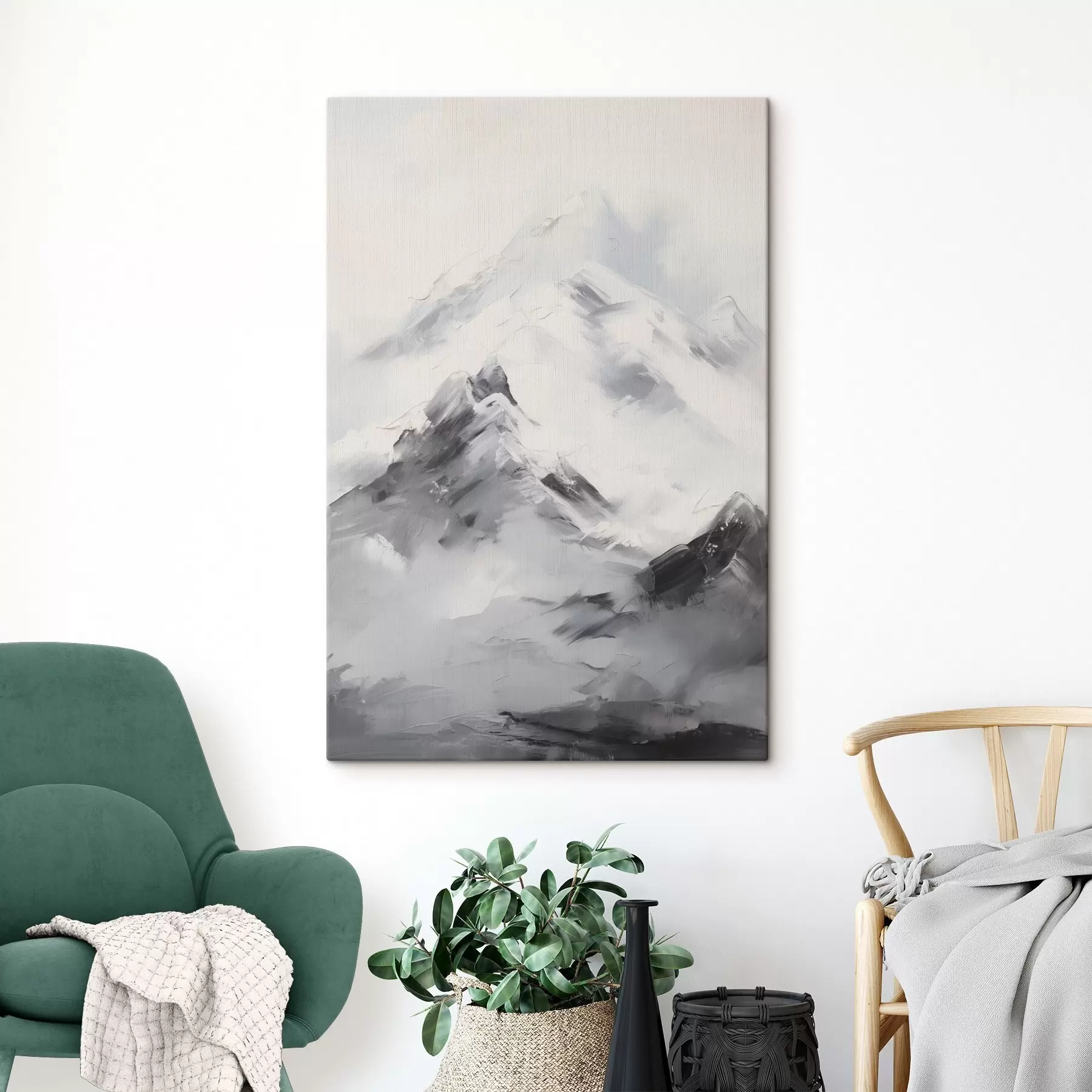 murales de pared Cumbres nevadas con sombras grises, cielo gris, pinceladas, texturizado, minimalista s45933