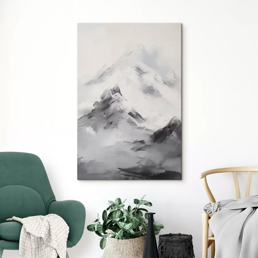 murales de pared Cumbres nevadas con sombras grises, cielo gris, pinceladas, texturizado, minimalista s45933