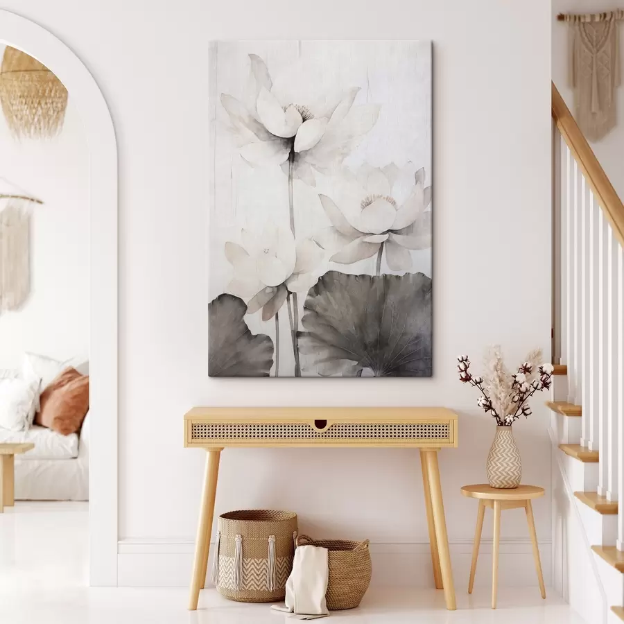 murales de pared Flores de loto blancas con textura y hojas oscuras, fondo claro, diseño minimalista s45936