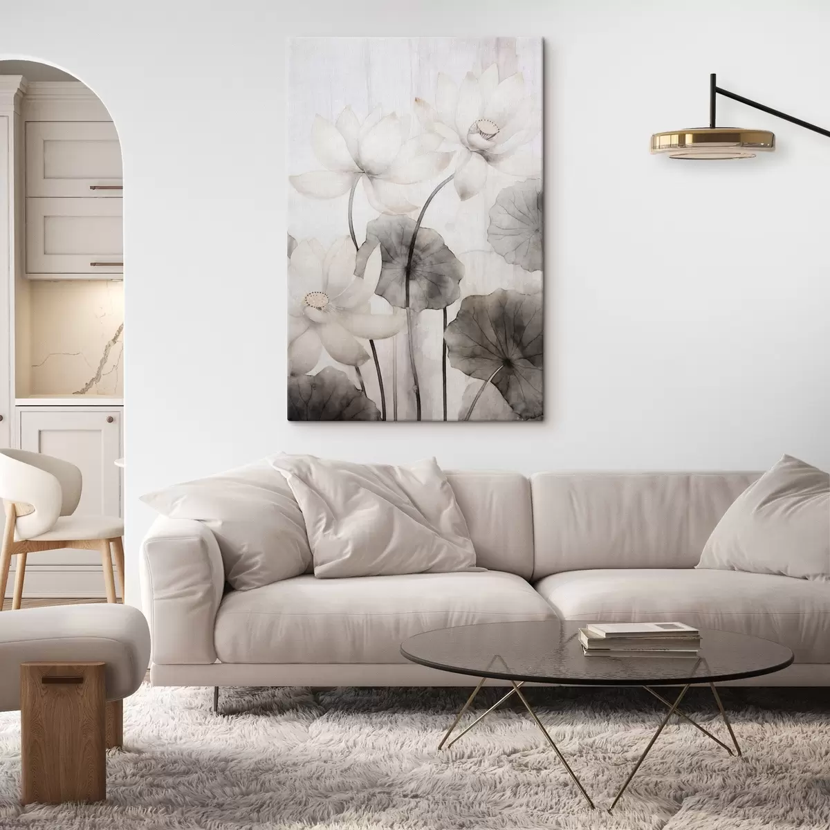 murales de pared Flores de loto blancas con textura y hojas oscuras, fondo claro, diseño minimalista s45937