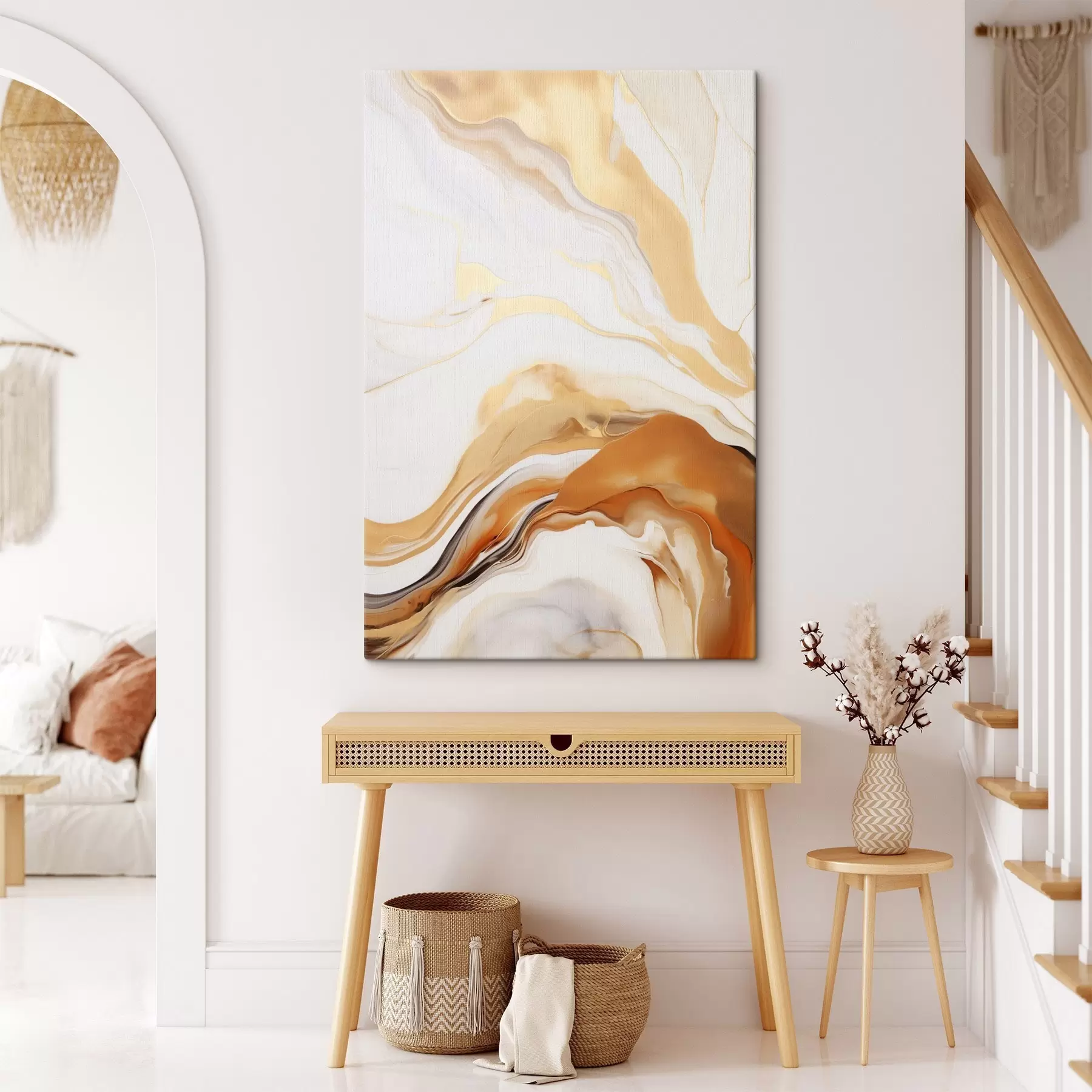 murales de pared Imitación de pintura abstracta con formas fluidas en tonos blancos, naranjas y marrones, minimalista s45938