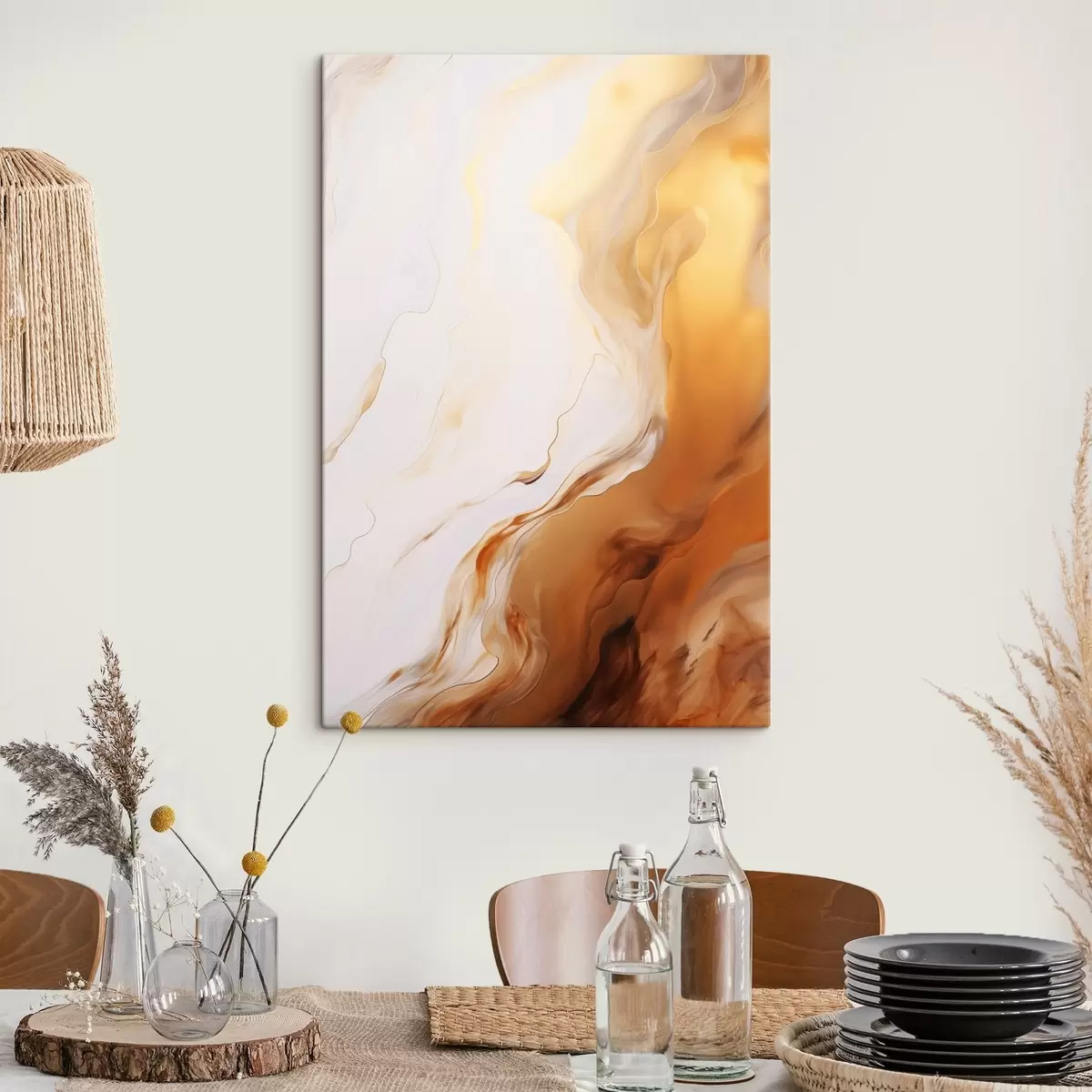 murales de pared Imitación de pintura abstracta con colores blanco y naranja, arte fluido con líneas onduladas, arte moderno s45939