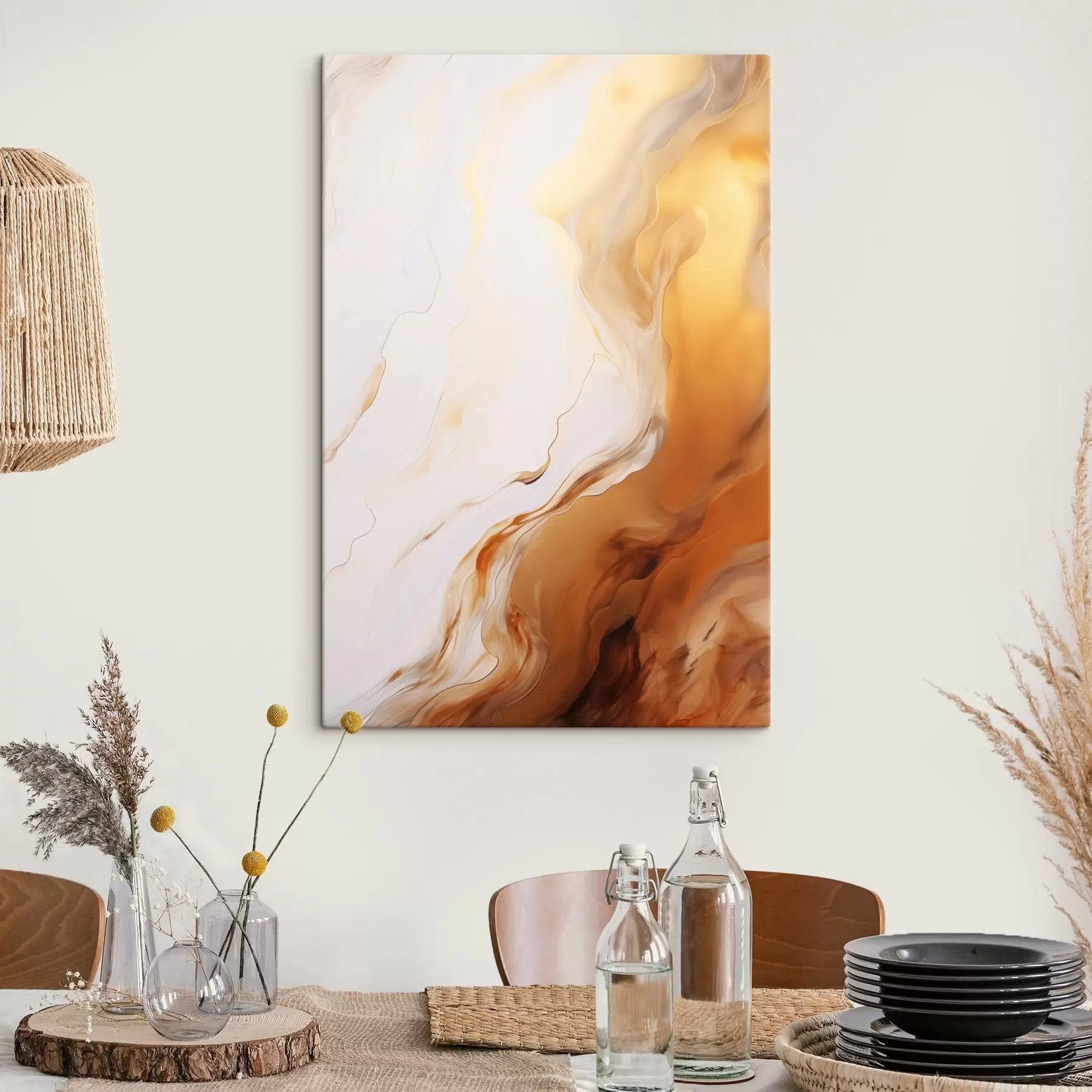 murales de pared Imitación de pintura abstracta con colores blanco y naranja, arte fluido con líneas onduladas, arte moderno s45939