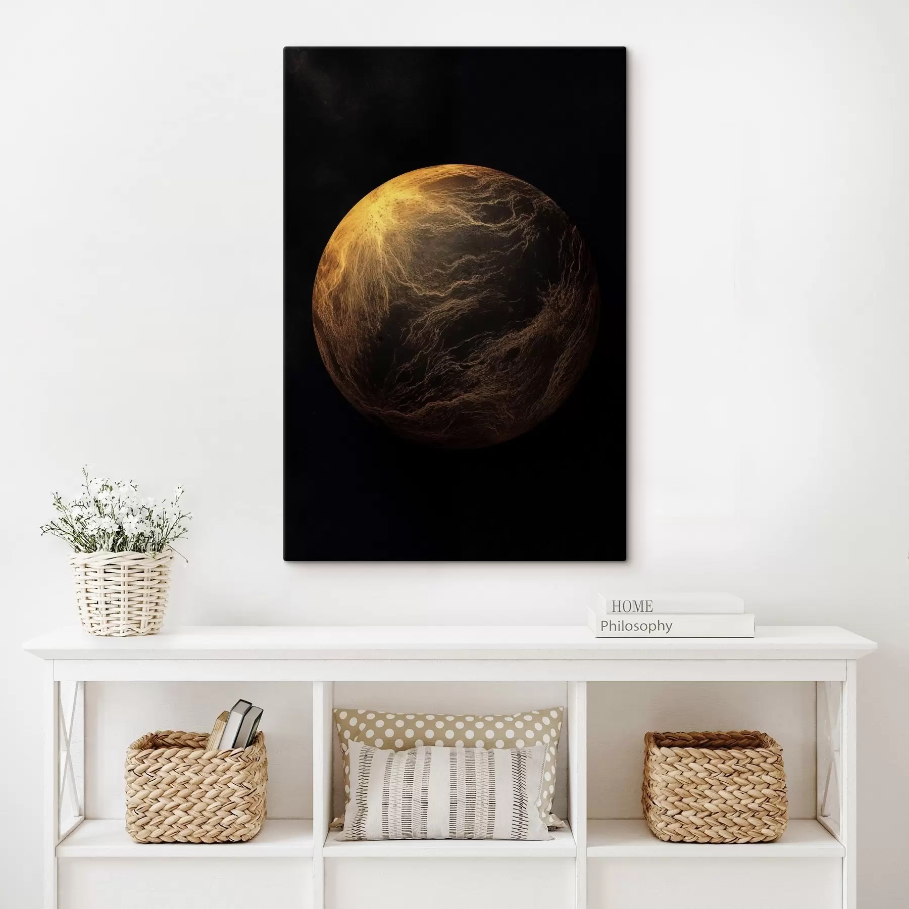 murales de pared Planeta abstracto con vetas naranjas sobre un fondo espacial negro, arte minimalista moderno s45943