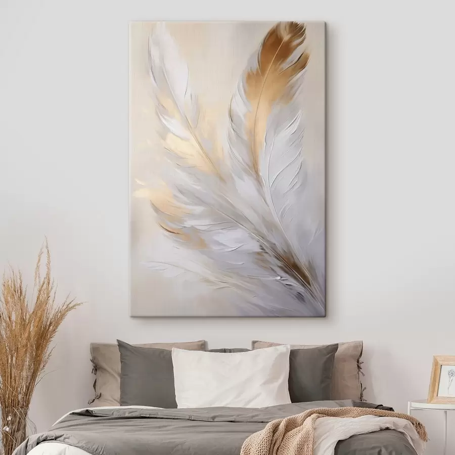 murales de pared Plumas con detalles en naranja, iluminación suave, composición minimalista con textura, arte moderno s45944