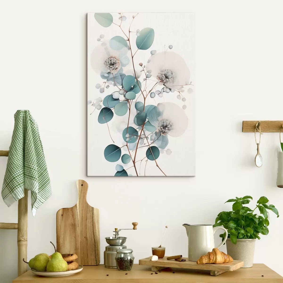 murales de pared Flores abstractas de eucalipto con pétalos blancos y hojas verdes apagadas en las ramas s45946