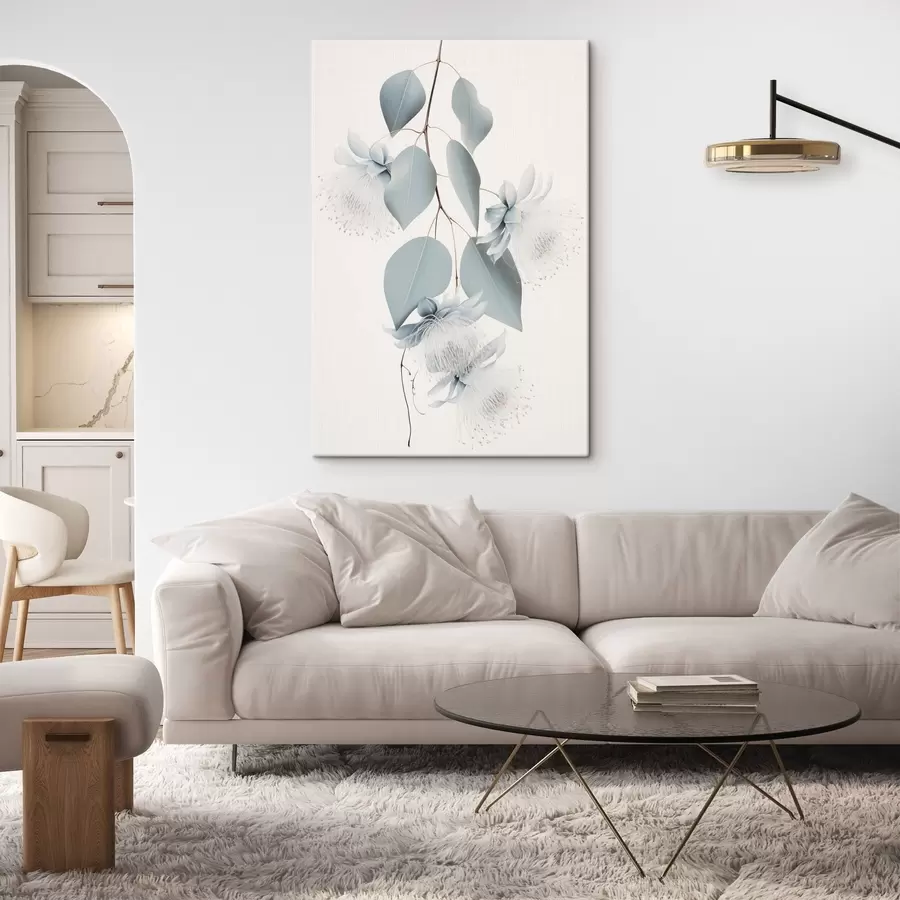 murales de pared Rama de eucalipto con hojas azules y flores blancas, fondo claro s45947