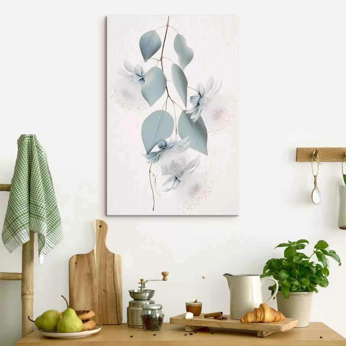 murales de pared Rama de eucalipto con hojas azules y flores blancas, fondo claro s45947