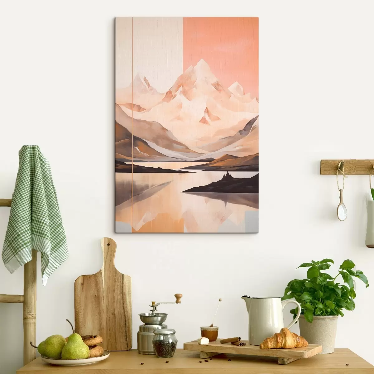 murales de pared Paisaje abstracto con montañas y un lago, colores pastel, estilo minimalista s45949