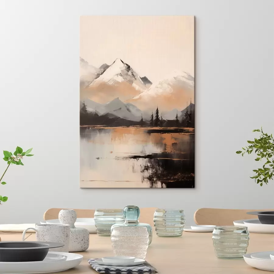 murales de pared Montañas nevadas con textura y algunos árboles frente a un lago s45951