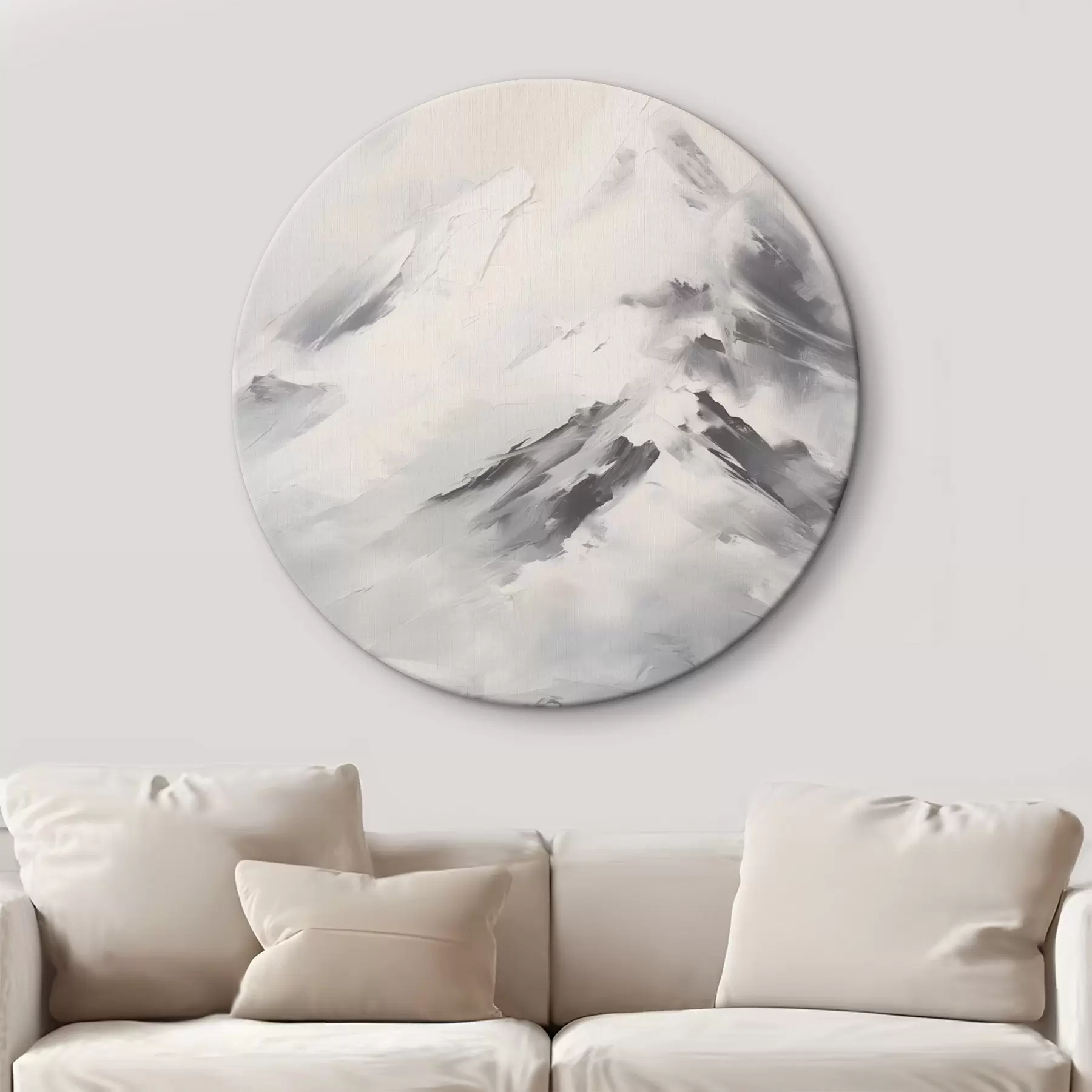 murales de pared Cumbres nevadas con sombras grises, cielo gris, pinceladas, texturizado, minimalista r45932