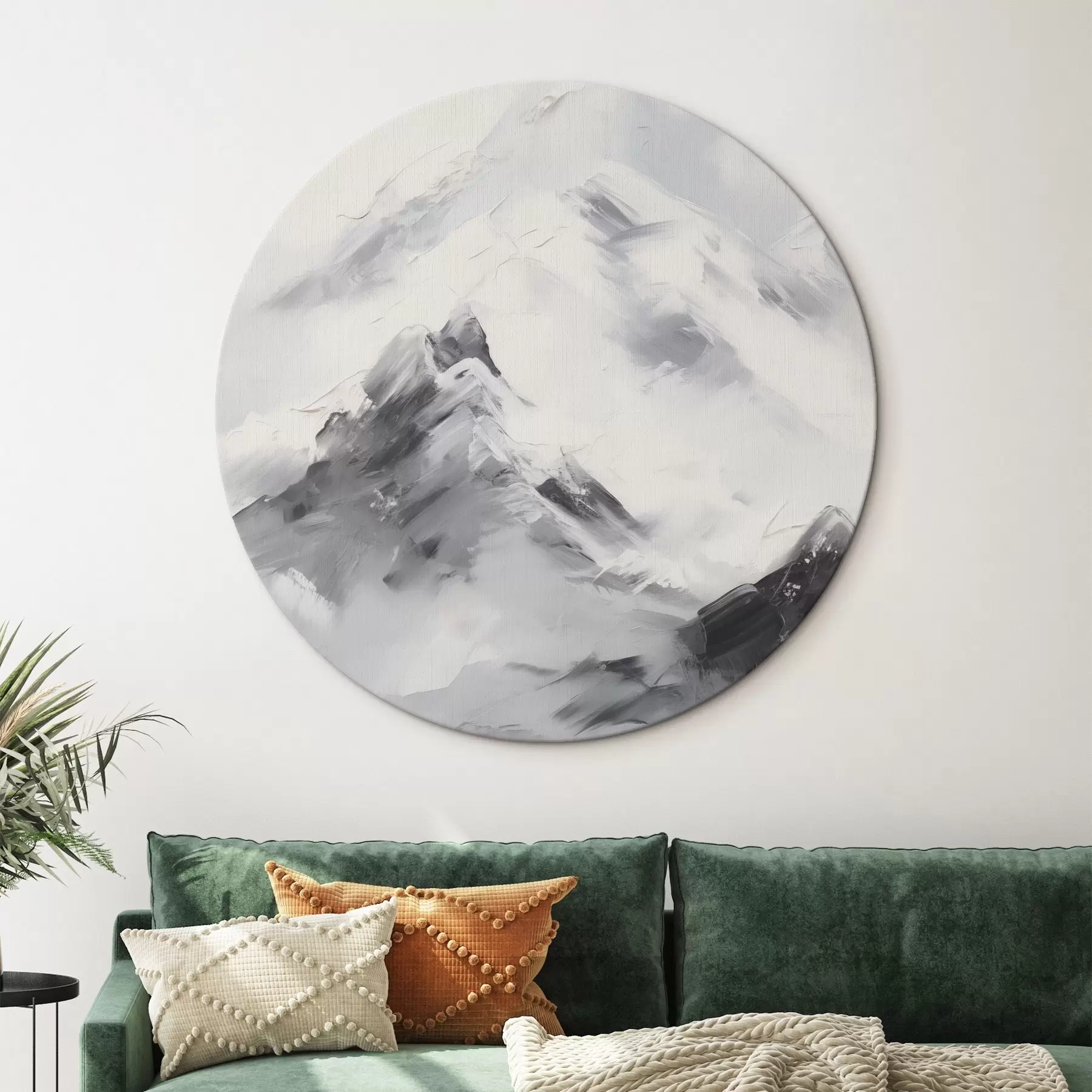 murales de pared Cumbres nevadas con sombras grises, cielo gris, pinceladas, texturizado, minimalista r45933