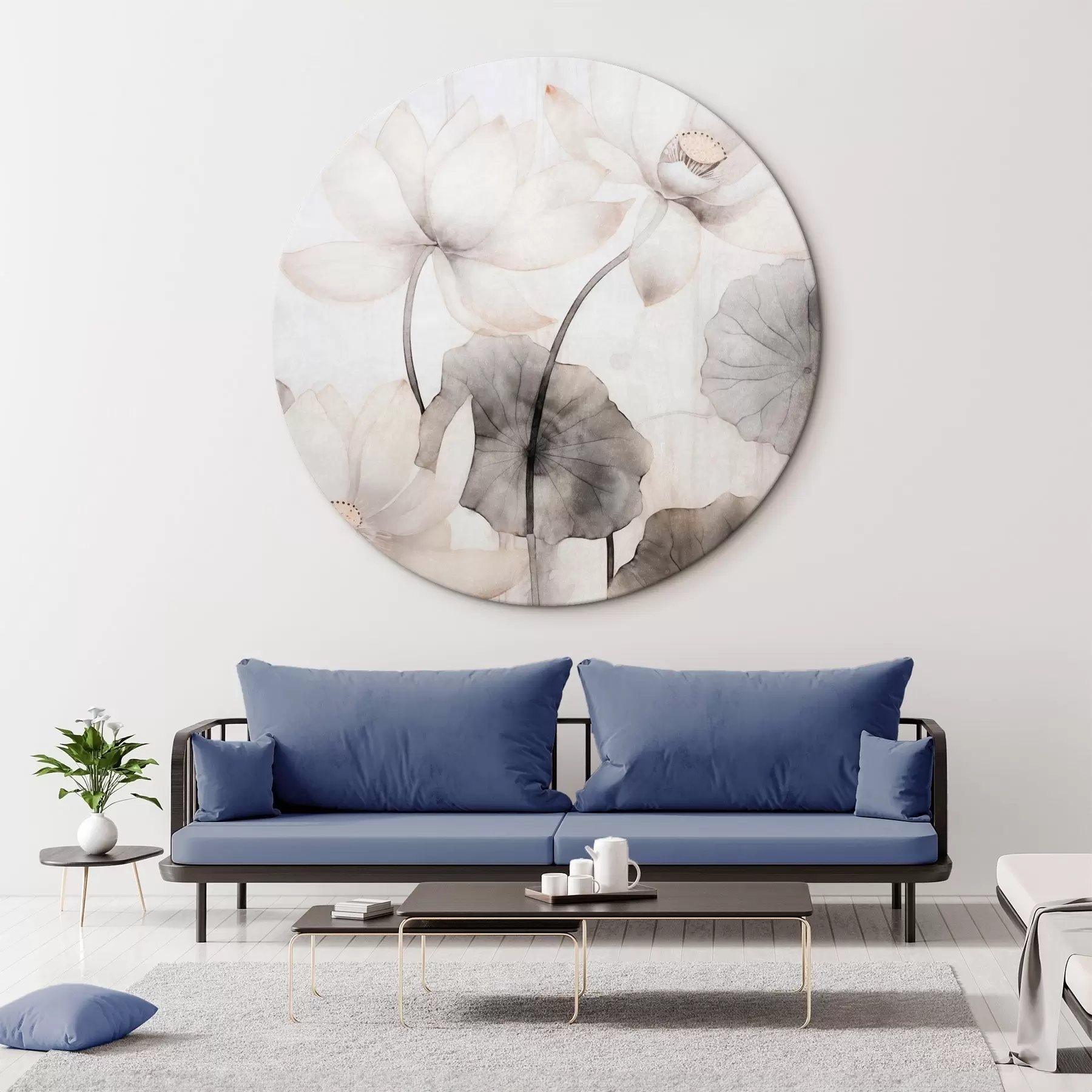 murales de pared Flores de loto blancas con textura y hojas oscuras, fondo claro, diseño minimalista r45937