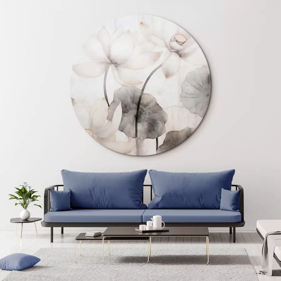 murales de pared Flores de loto blancas con textura y hojas oscuras, fondo claro, diseño minimalista r45937