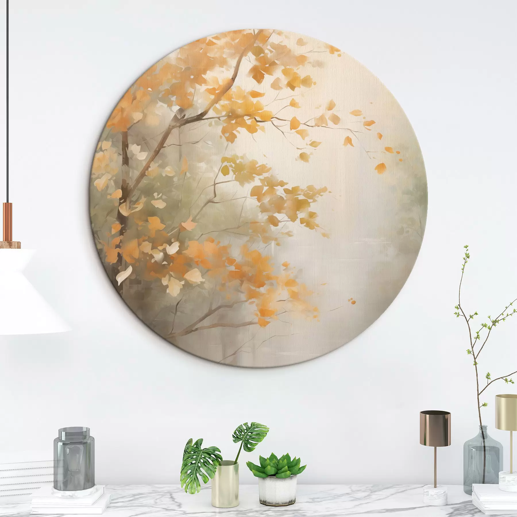 murales de pared Ramas de árboles otoñales con hojas anaranjadas en un bosque con una luz suave r45940