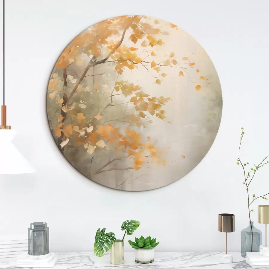 murales de pared Ramas de árboles otoñales con hojas anaranjadas en un bosque con una luz suave r45940