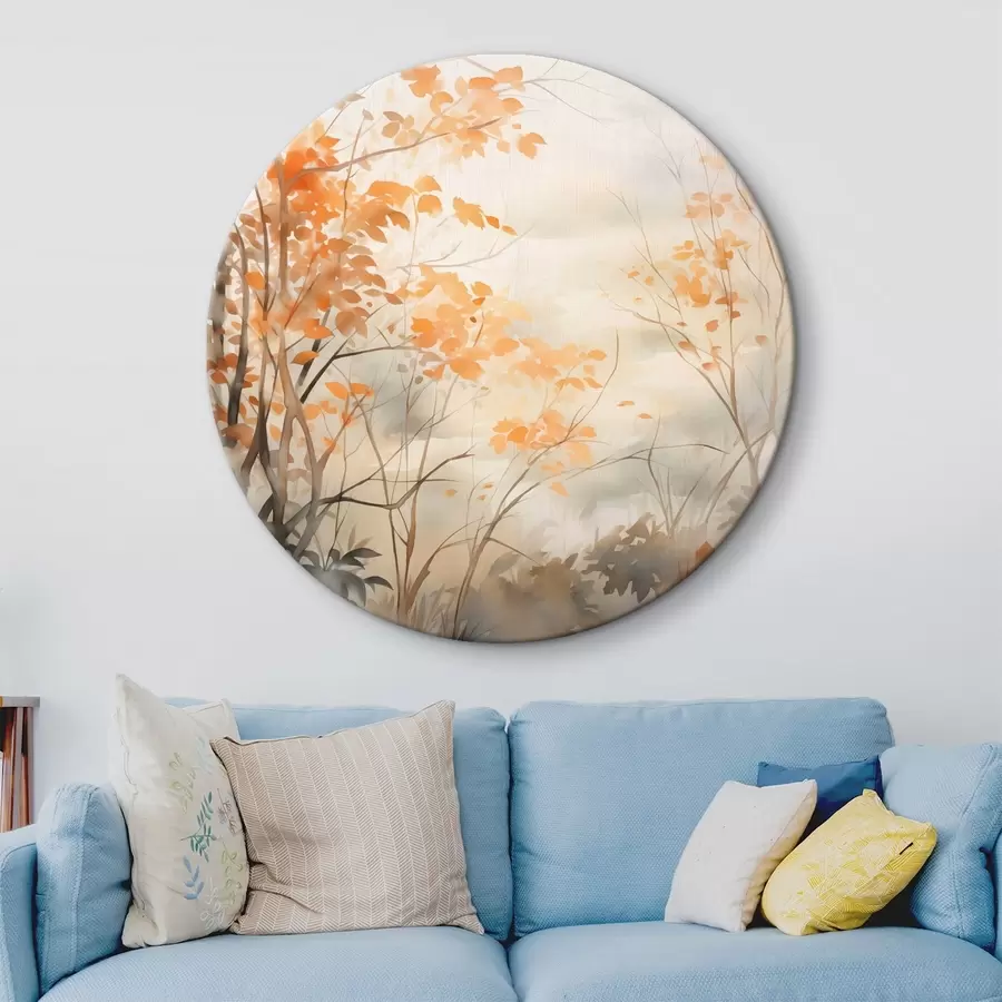 murales de pared Árboles otoñales con hojas y ramas anaranjadas, estilo acuarela suave, pinceladas delicadas r45941