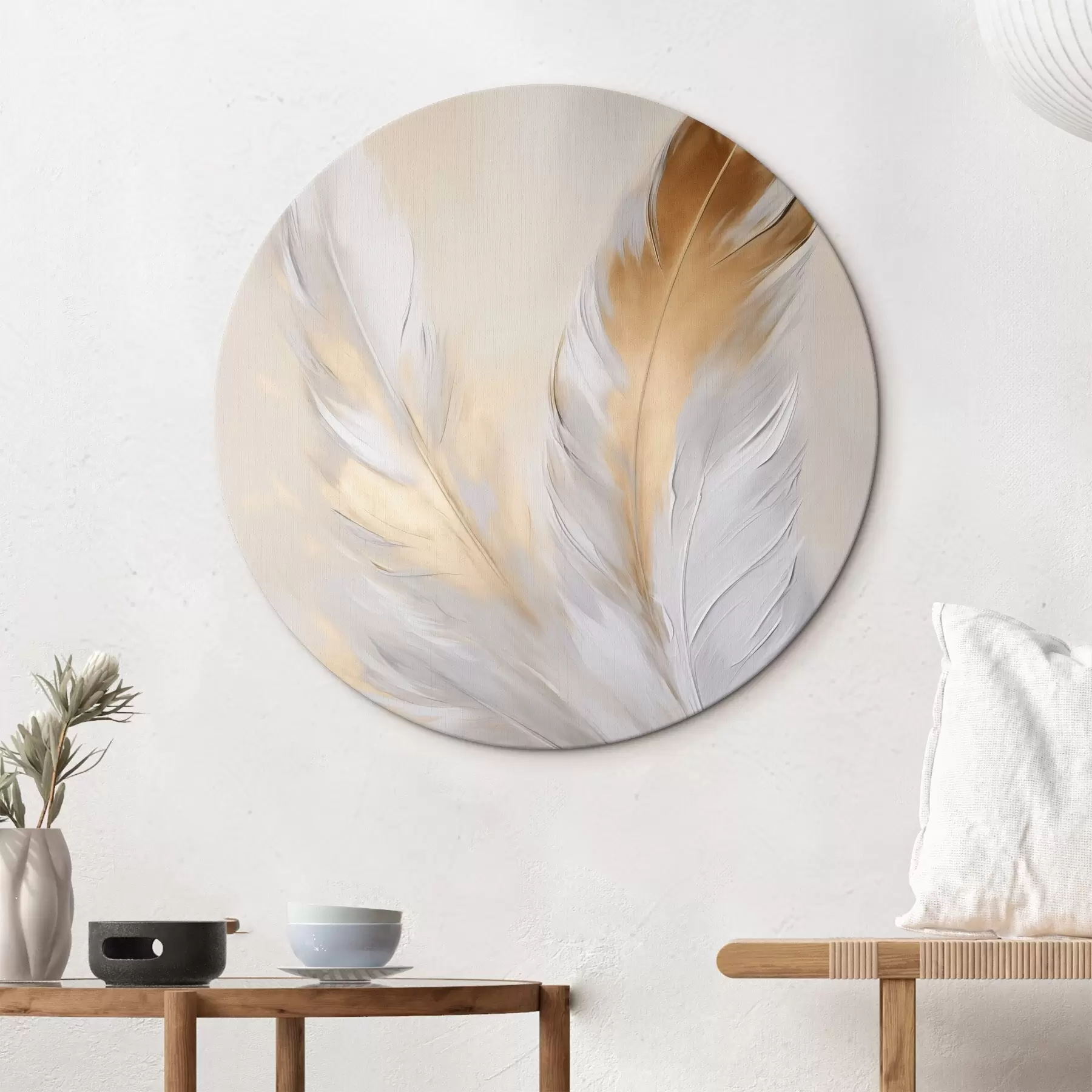 murales de pared Plumas con detalles en naranja, iluminación suave, composición minimalista con textura, arte moderno r45944