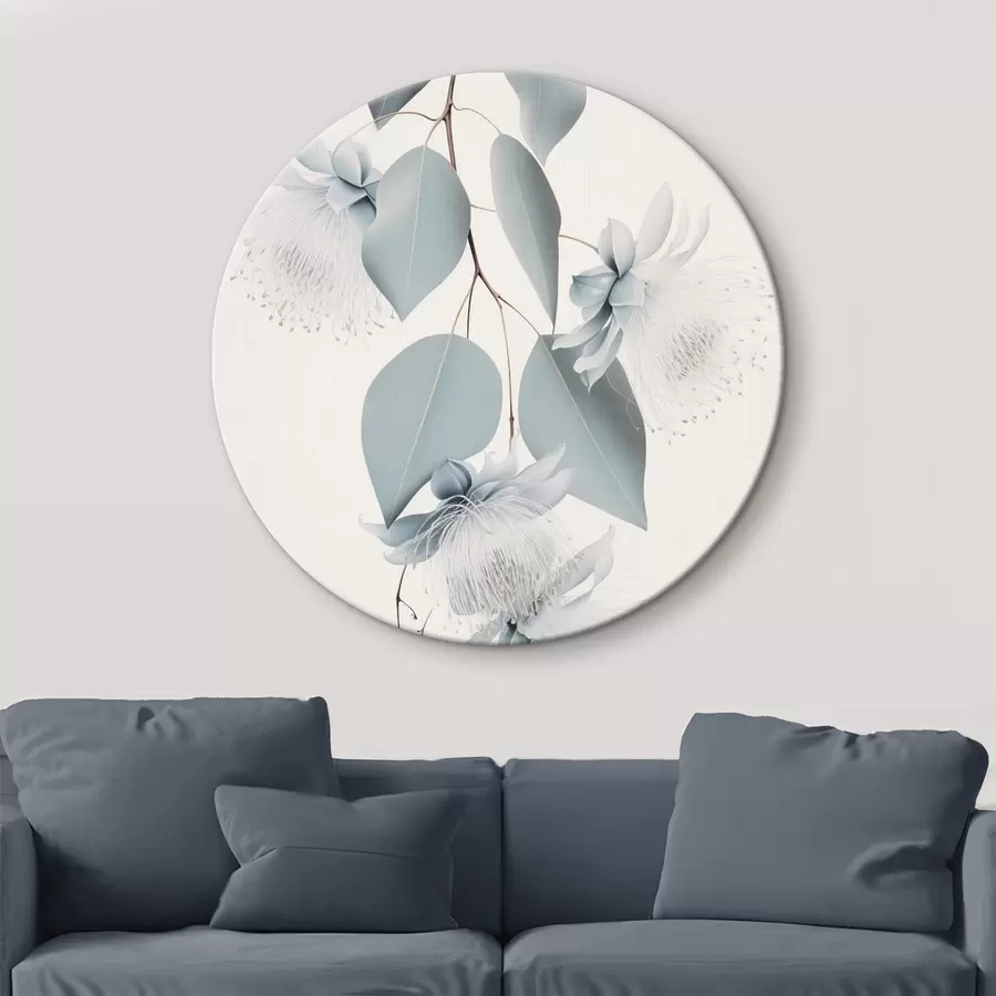 murales de pared Rama de eucalipto con hojas azules y flores blancas, fondo claro r45947