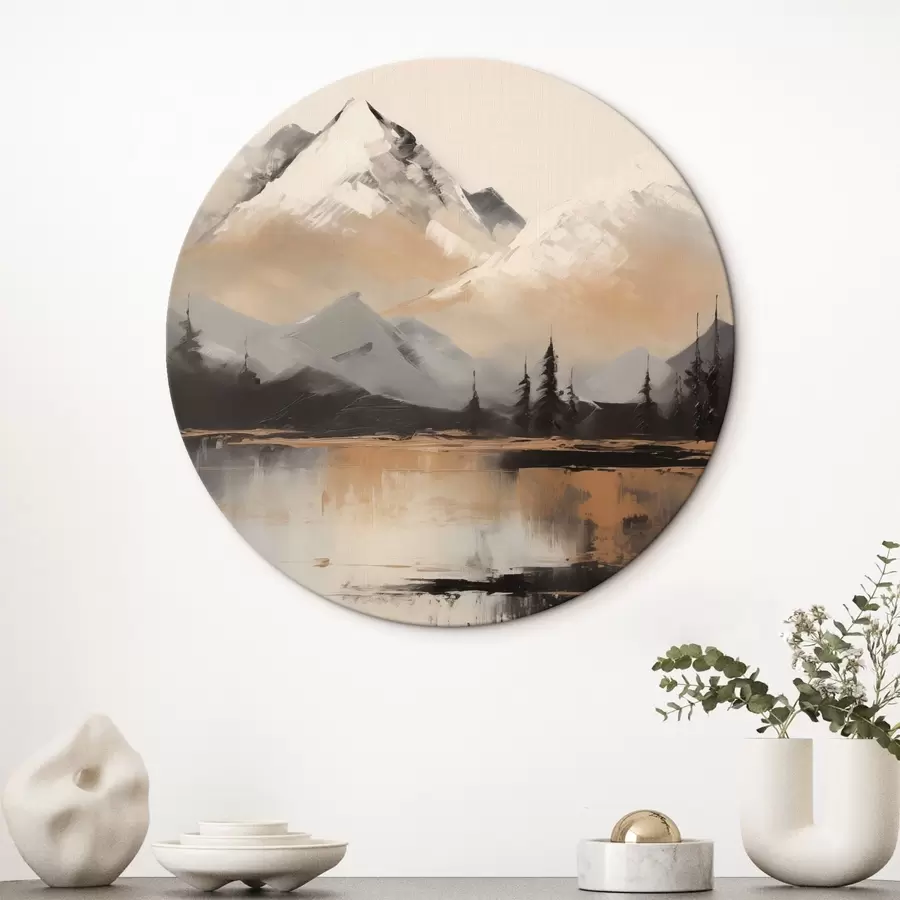 murales de pared Montañas nevadas con textura y algunos árboles frente a un lago r45951