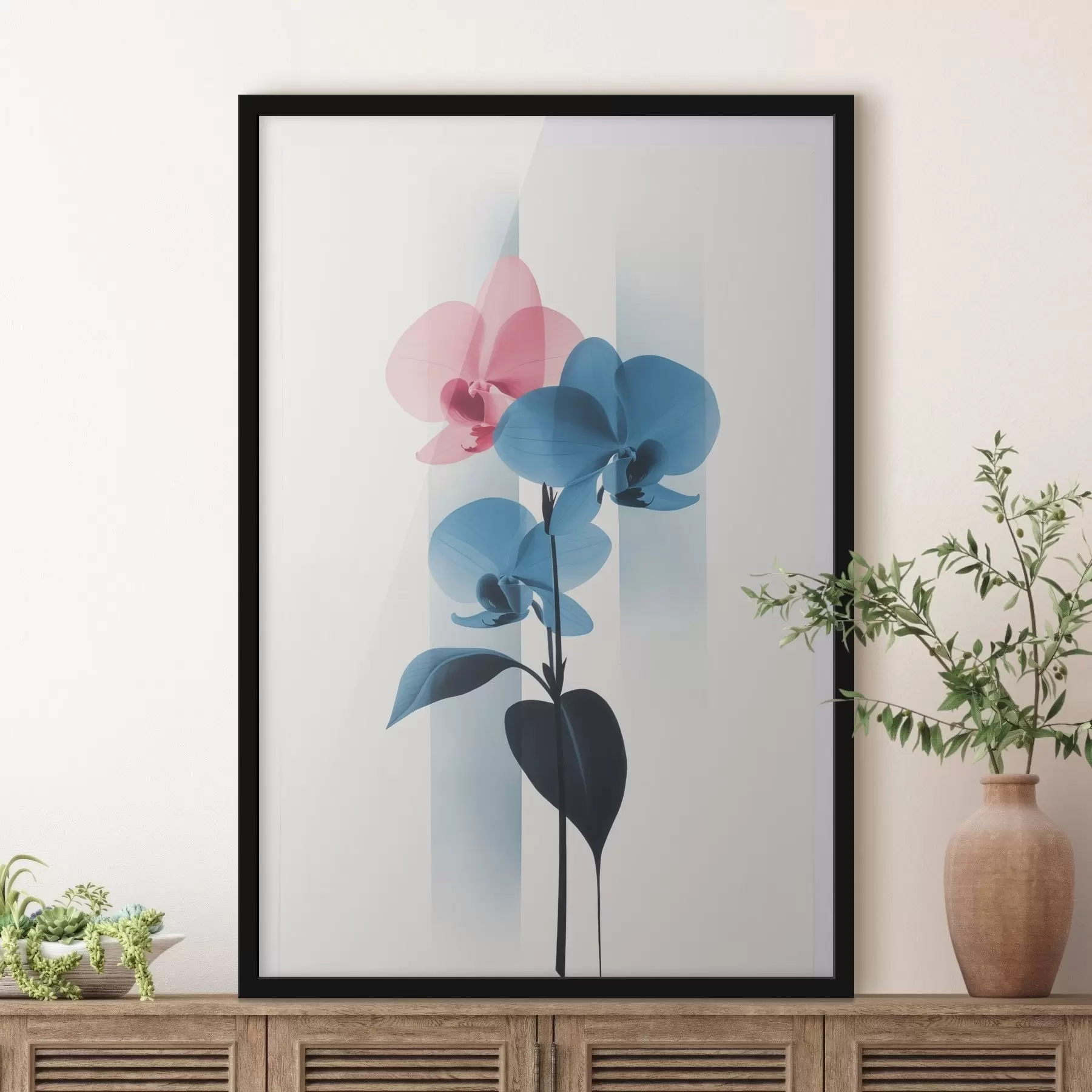 murales de pared Orquídeas con hojas sobre fondo blanco con rayas verticales f45925