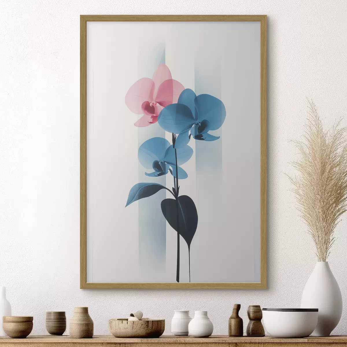 Poster Orquídeas con hojas sobre fondo blanco con rayas verticales f45925