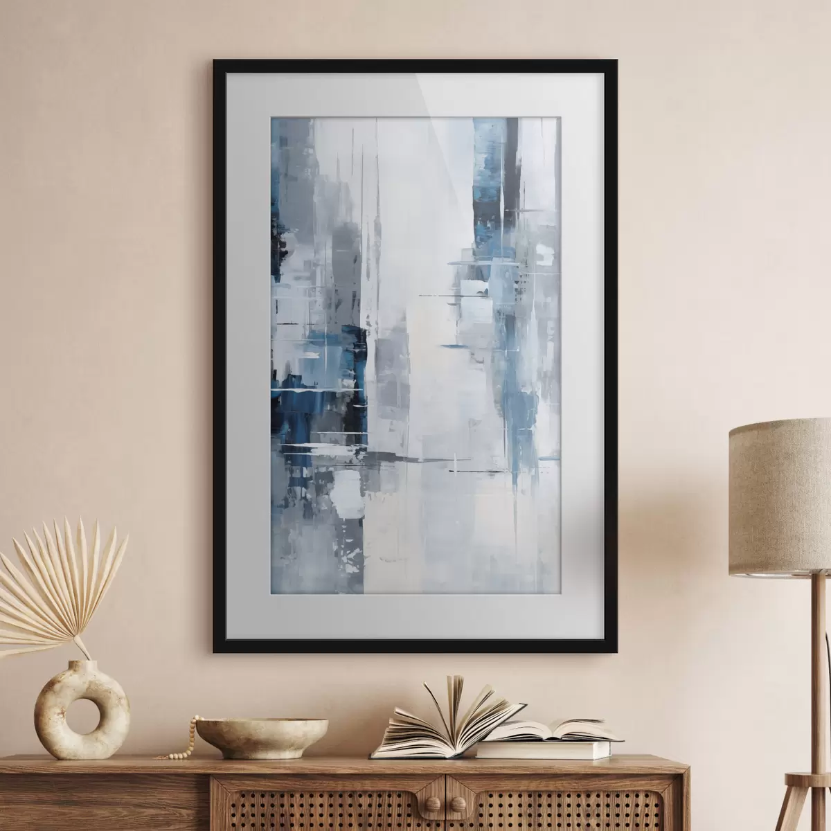 Poster Imitación de pintura abstracta con colores azul, gris y blanco, líneas verticales y formas geométricas f45926