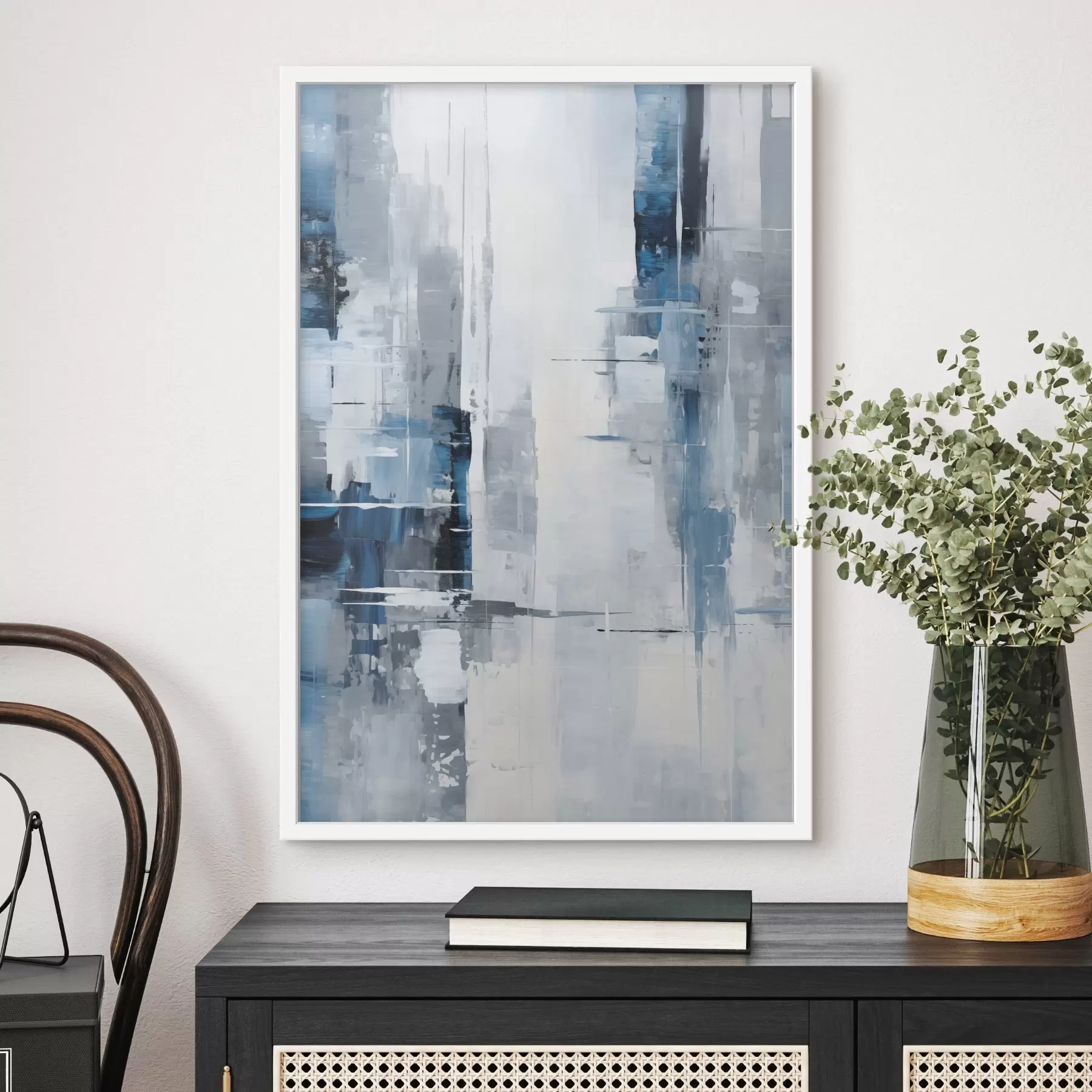 murales de pared Imitación de pintura abstracta con colores azul, gris y blanco, líneas verticales y formas geométricas f45926
