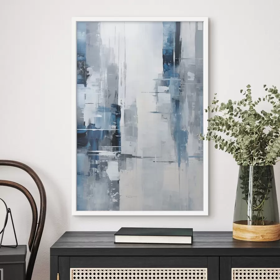 murales de pared Imitación de pintura abstracta con colores azul, gris y blanco, líneas verticales y formas geométricas f45926