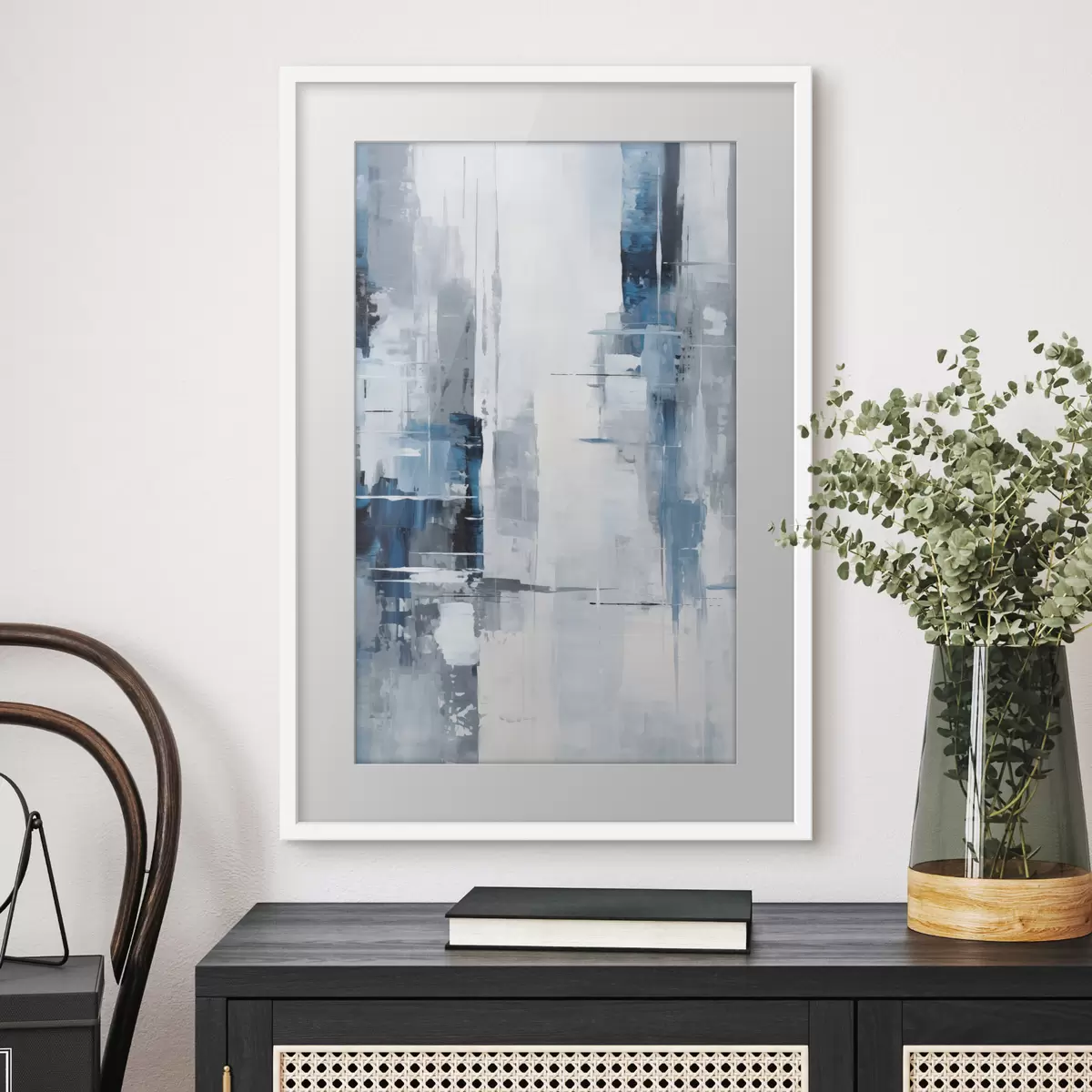 Poster Imitación de pintura abstracta con colores azul, gris y blanco, líneas verticales y formas geométricas f45926