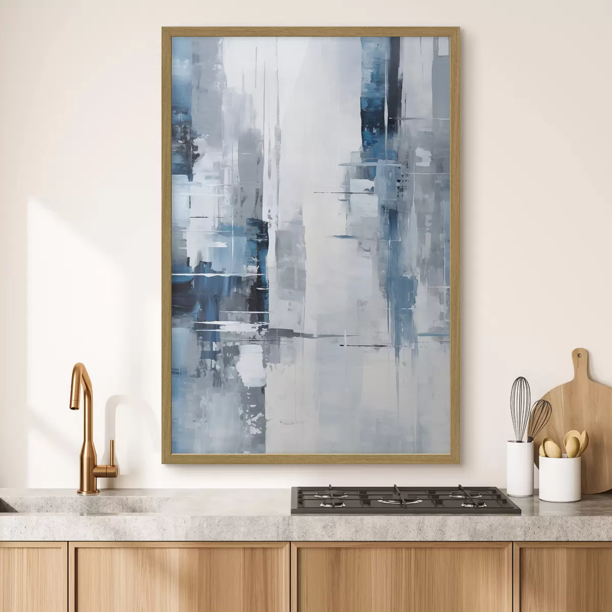 Poster Imitación de pintura abstracta con colores azul, gris y blanco, líneas verticales y formas geométricas f45926