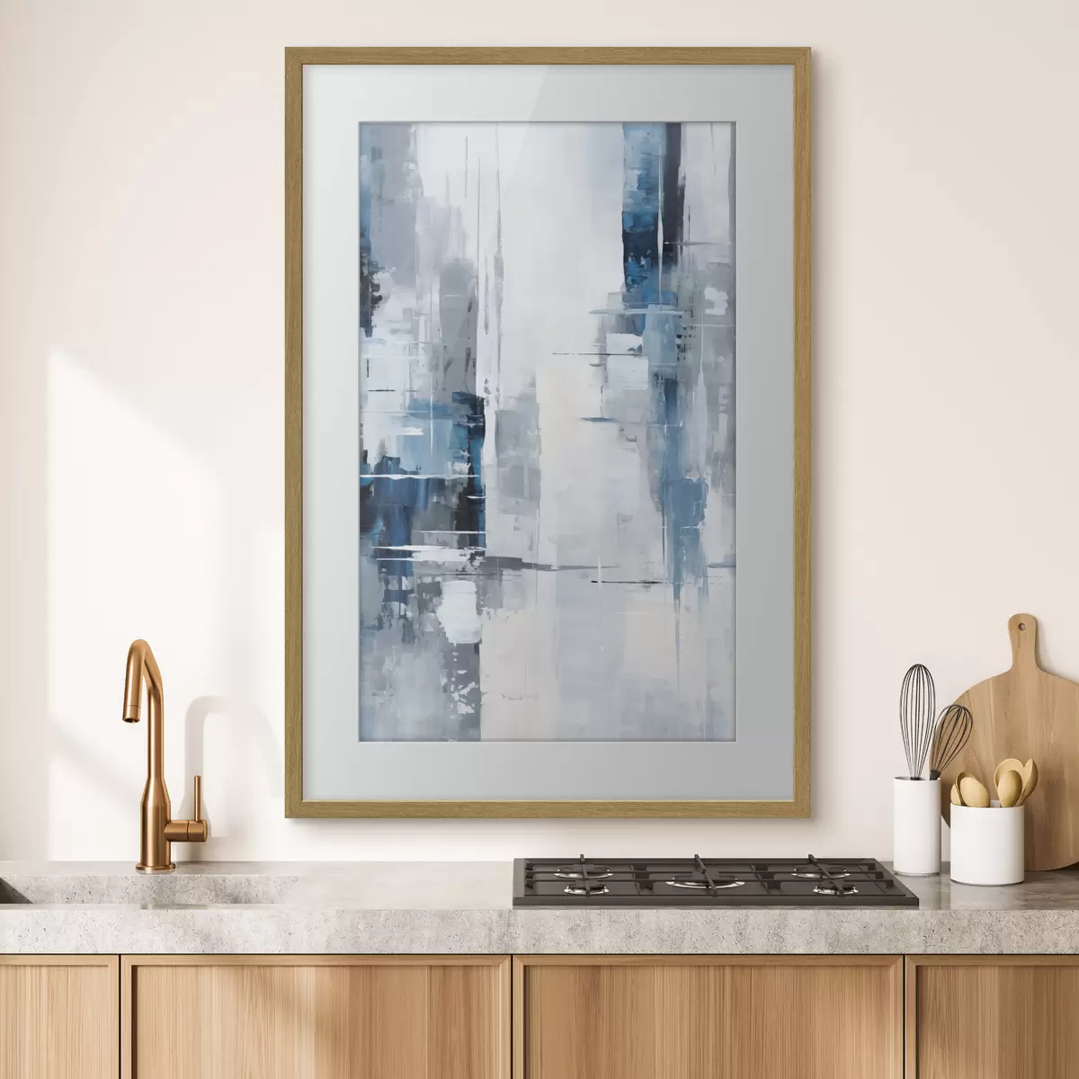 Poster Imitación de pintura abstracta con colores azul, gris y blanco, líneas verticales y formas geométricas f45926