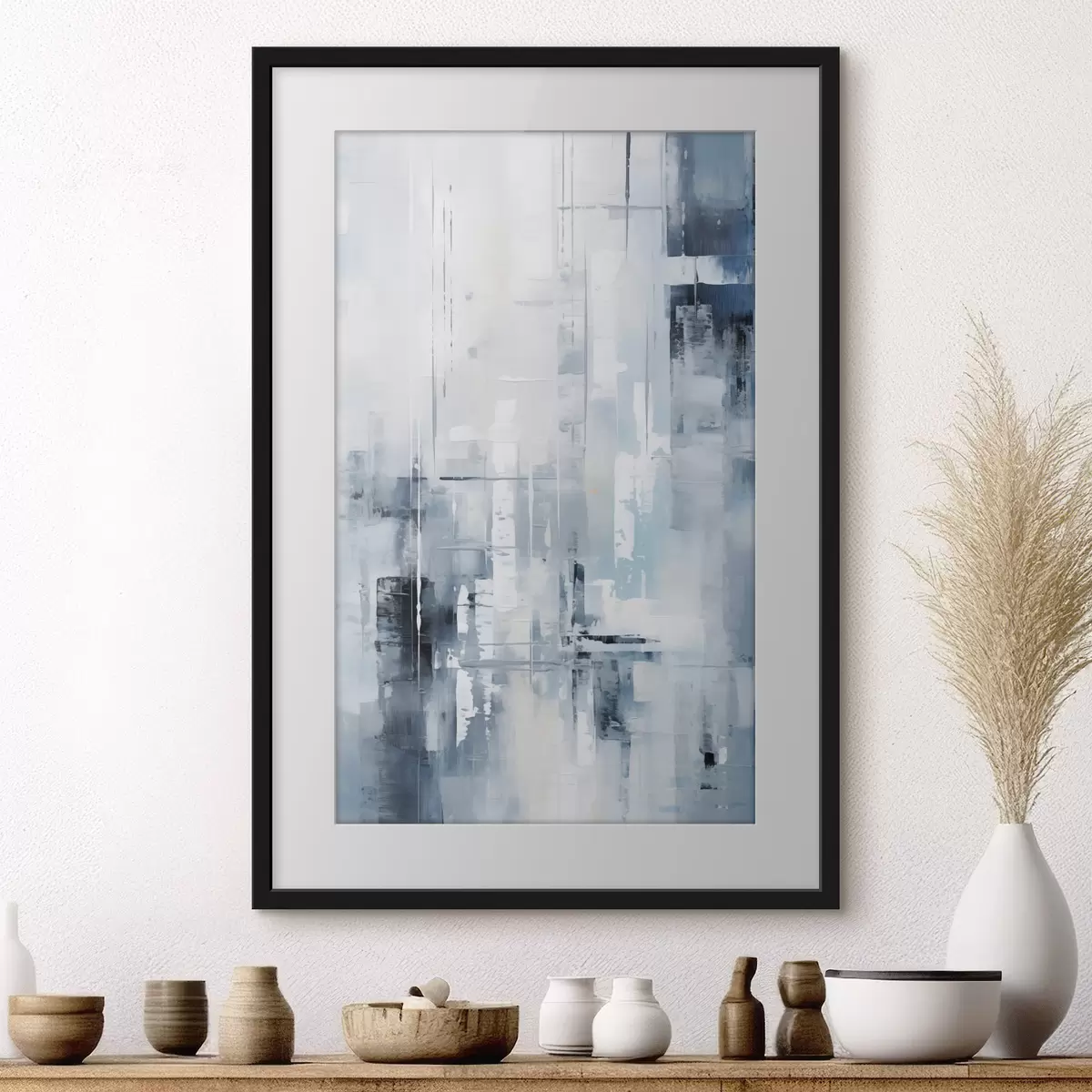 Poster Imitación de pintura abstracta con colores azul, gris y blanco, líneas verticales y formas geométricas f45927