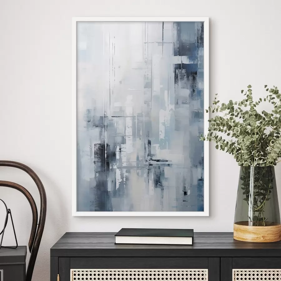 murales de pared Imitación de pintura abstracta con colores azul, gris y blanco, líneas verticales y formas geométricas f45927