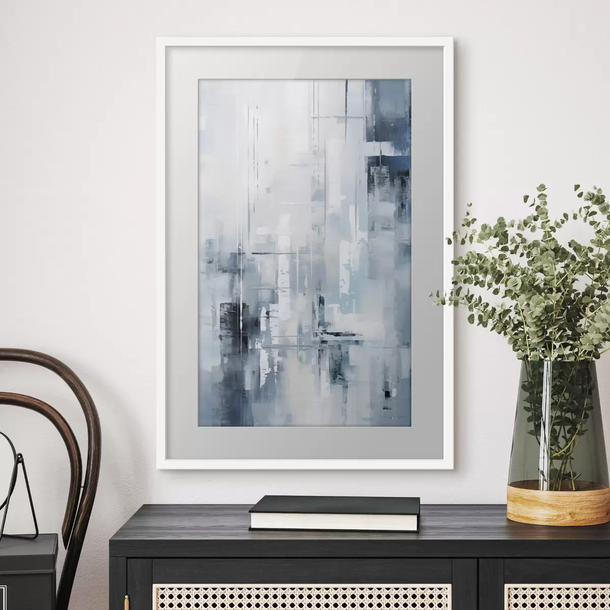 Poster Imitación de pintura abstracta con colores azul, gris y blanco, líneas verticales y formas geométricas f45927