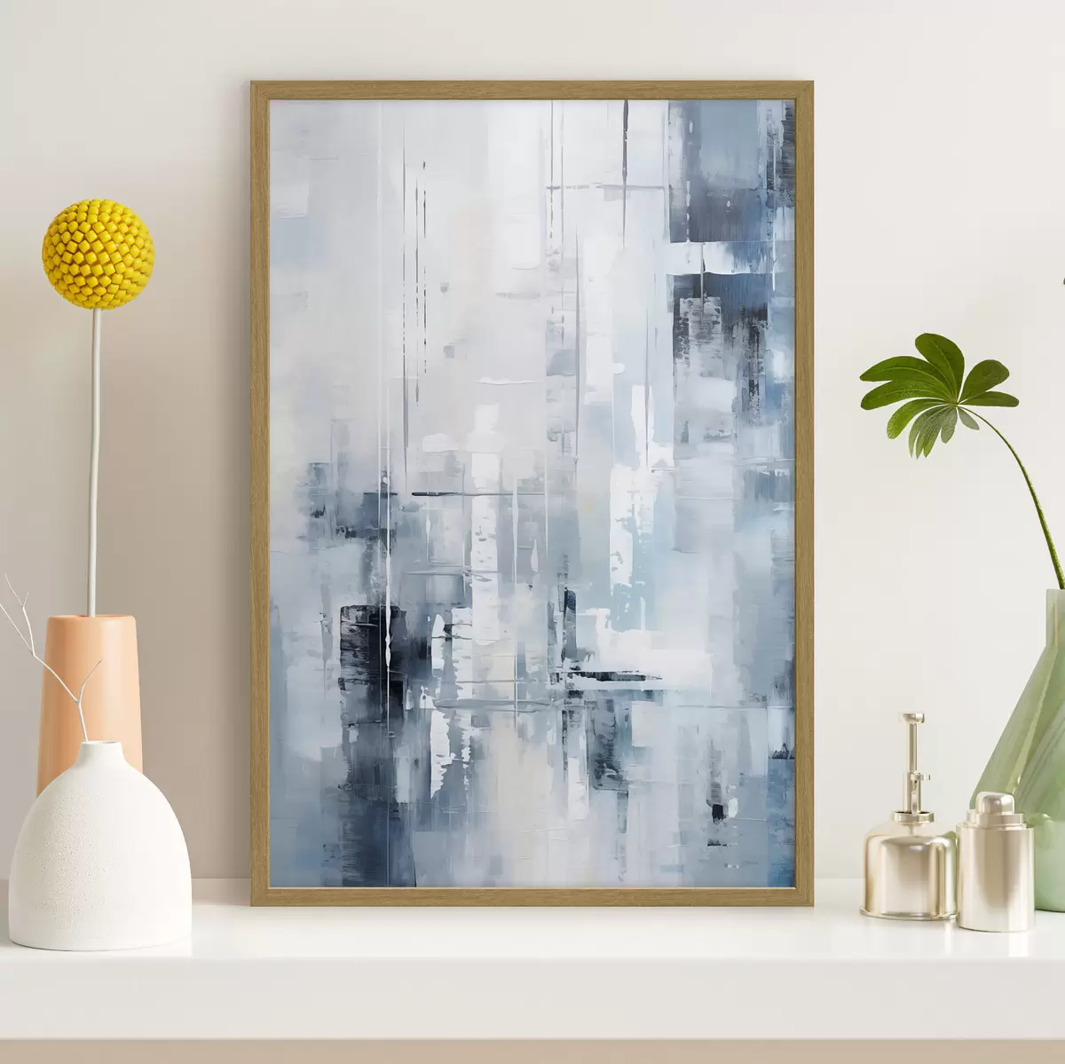 Poster Imitación de pintura abstracta con colores azul, gris y blanco, líneas verticales y formas geométricas f45927