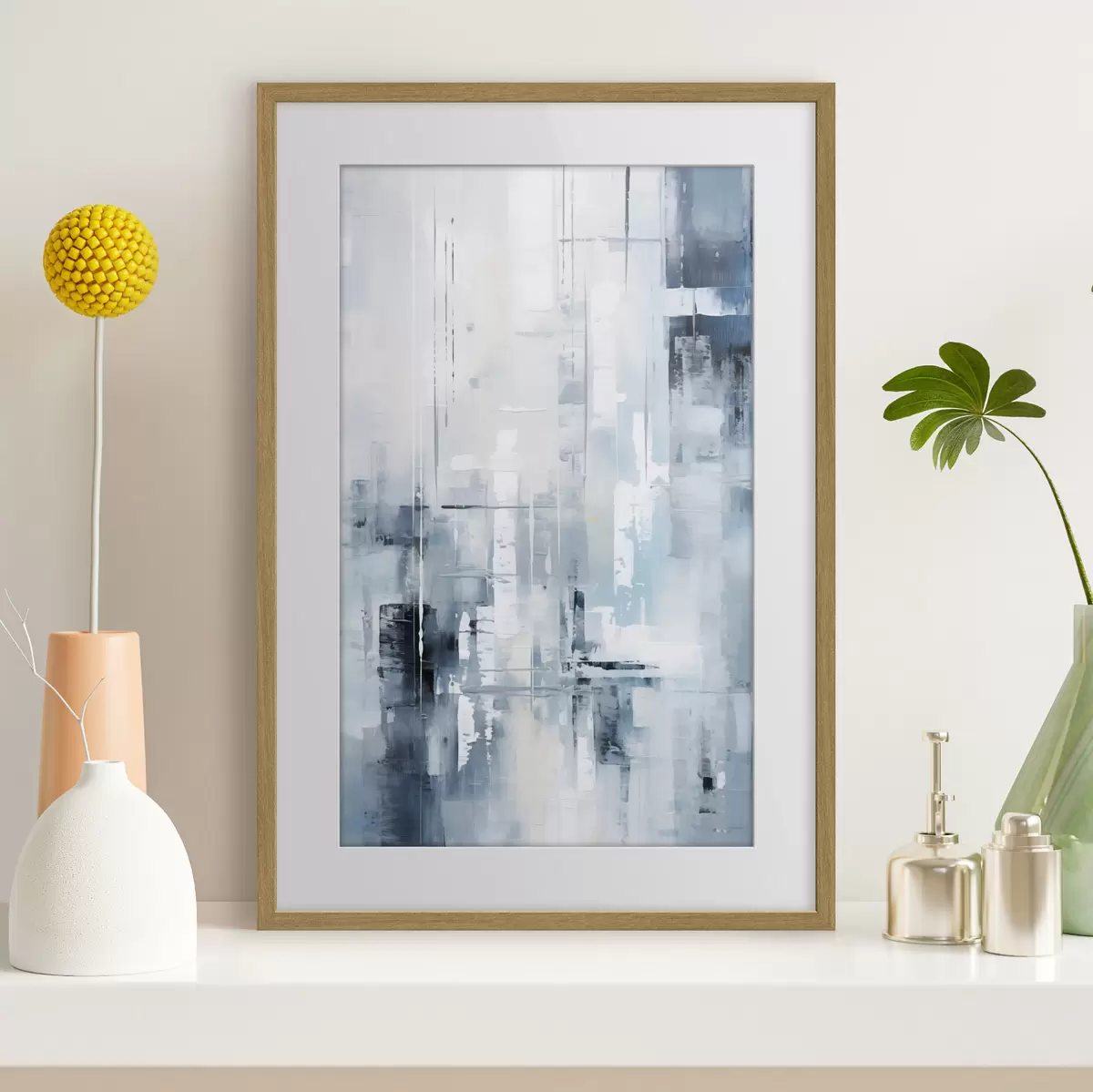 Poster Imitación de pintura abstracta con colores azul, gris y blanco, líneas verticales y formas geométricas f45927