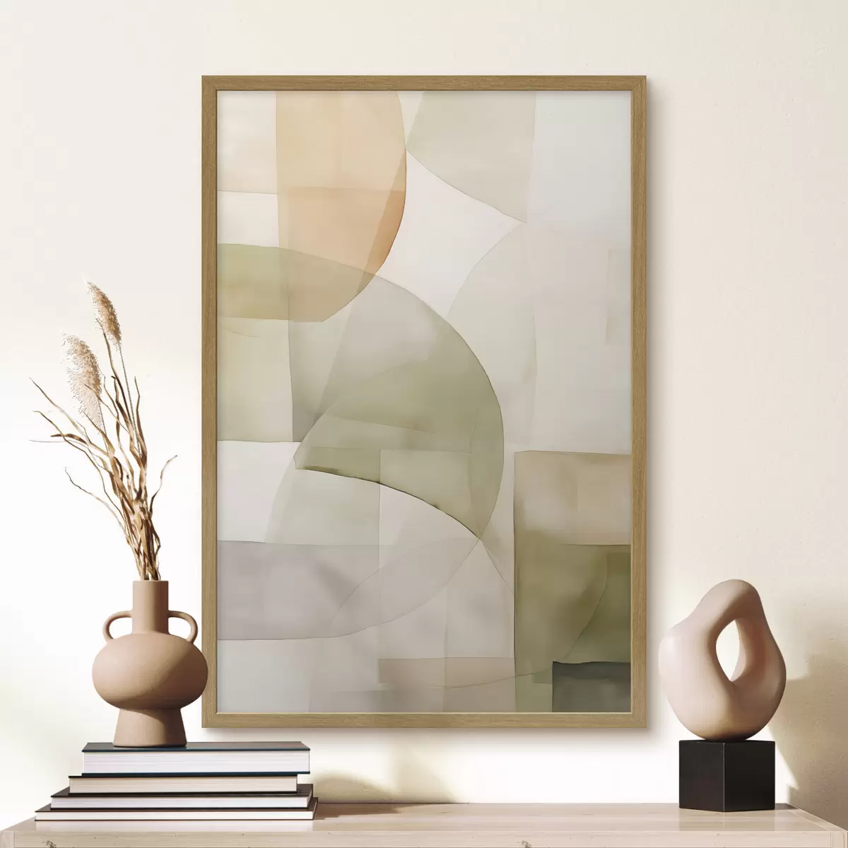 Poster Formas geométricas abstractas con textura de acuarela en tonos verdes, marrones y beiges f45929