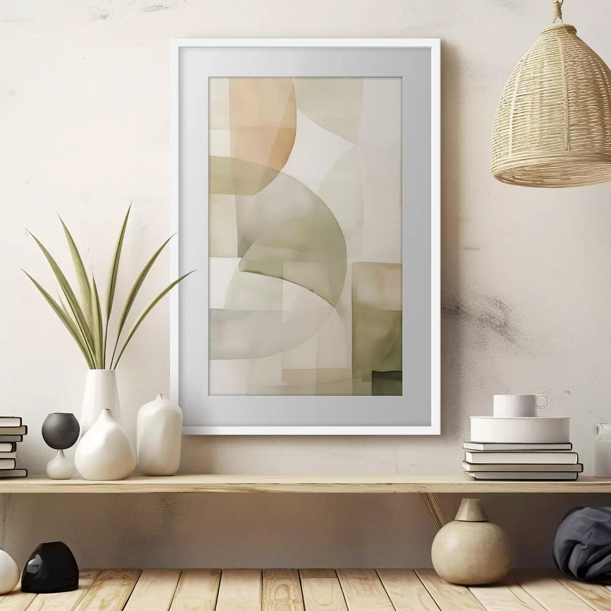 Poster Formas geométricas abstractas con textura de acuarela en tonos verdes, marrones y beiges f45929