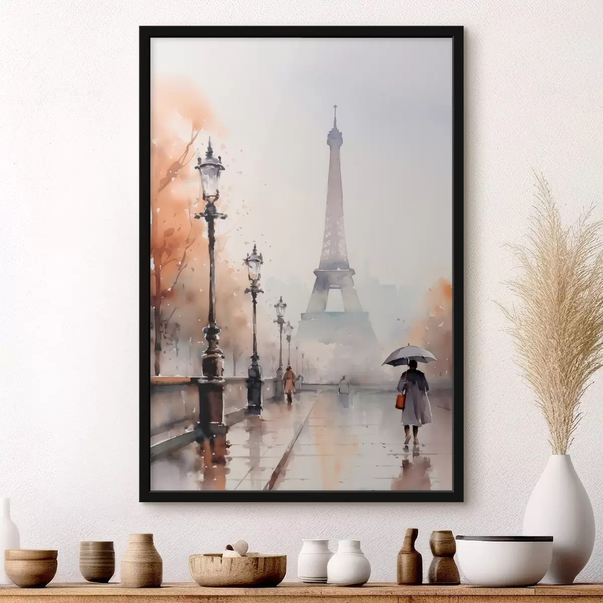Poster Un día lluvioso en París con la Torre Eiffel al fondo y farolas vintage f45930