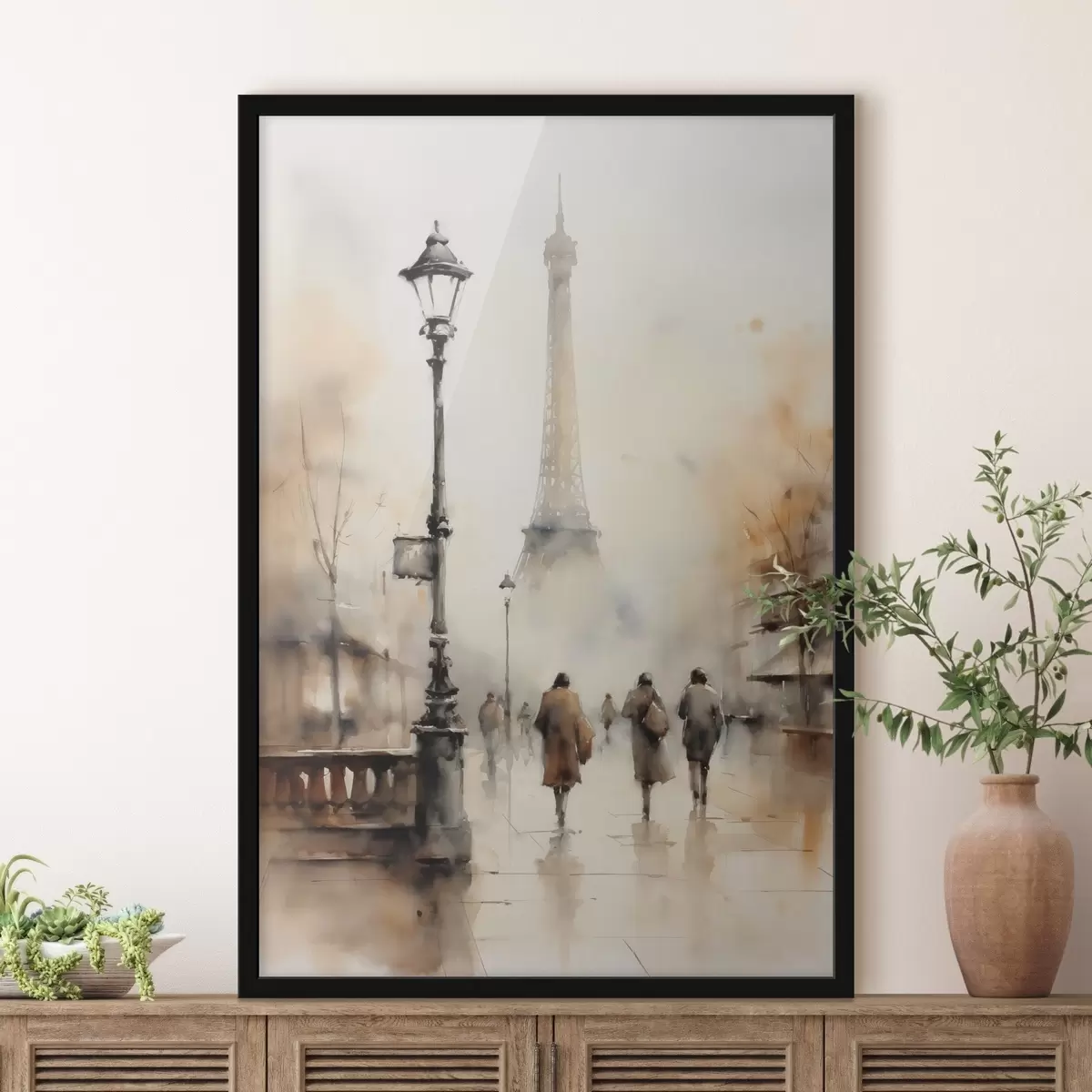 Poster Un lluvioso día de otoño en París con la Torre Eiffel al fondo y farolas vintage f45931