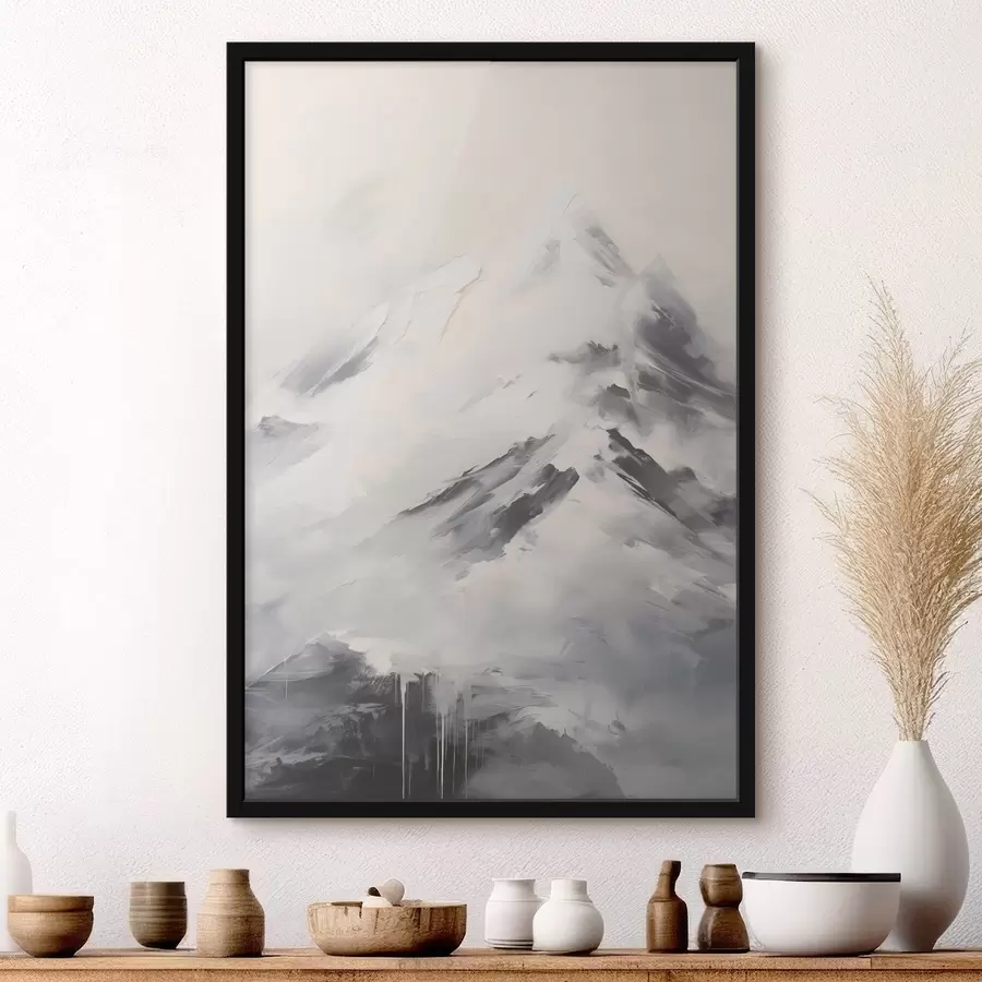 murales de pared Cumbres nevadas con sombras grises, cielo gris, pinceladas, texturizado, minimalista f45932