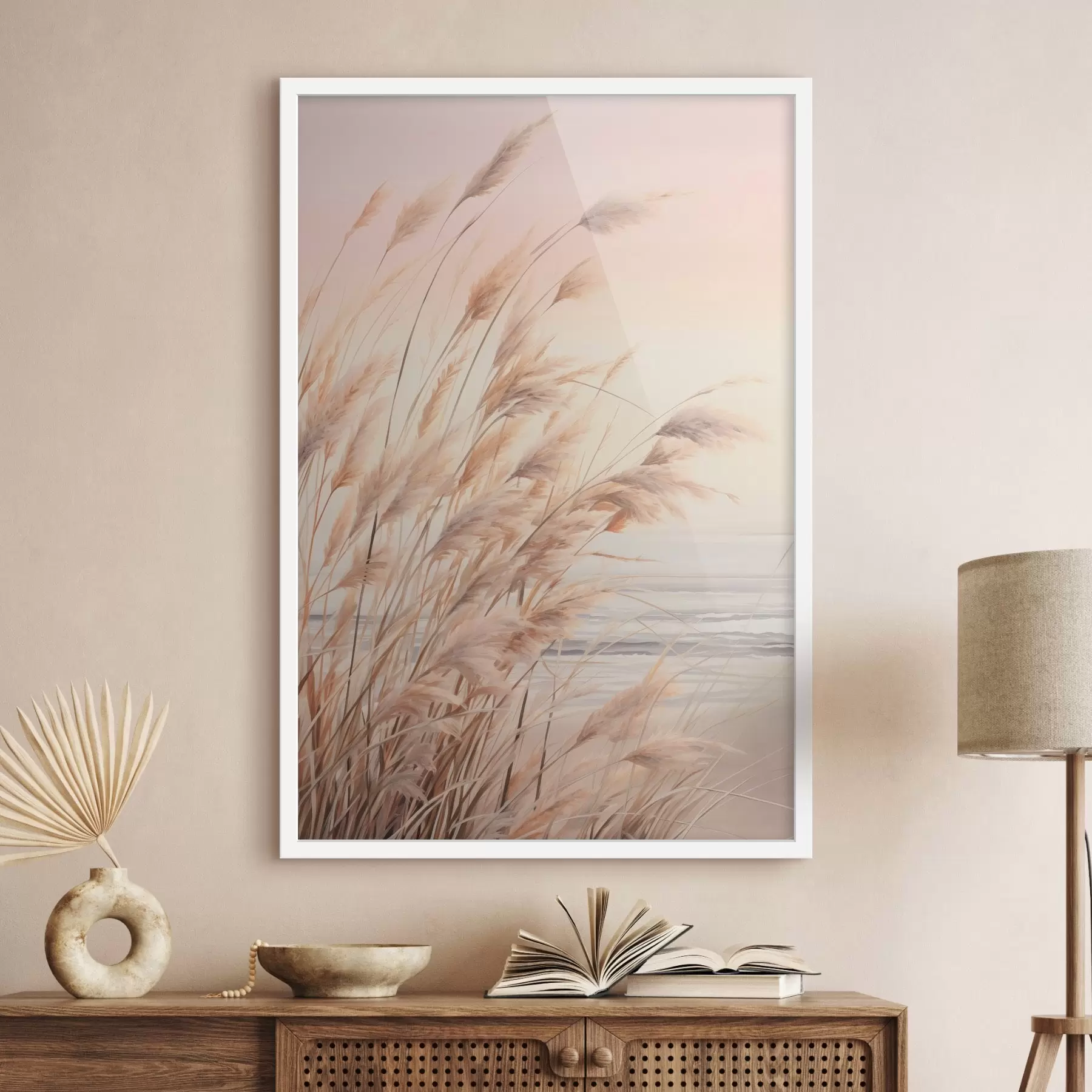 murales de pared Hierba de la pampa con una paleta de colores naranja pastel, cielo rosa claro, un paisaje tranquilo f45934