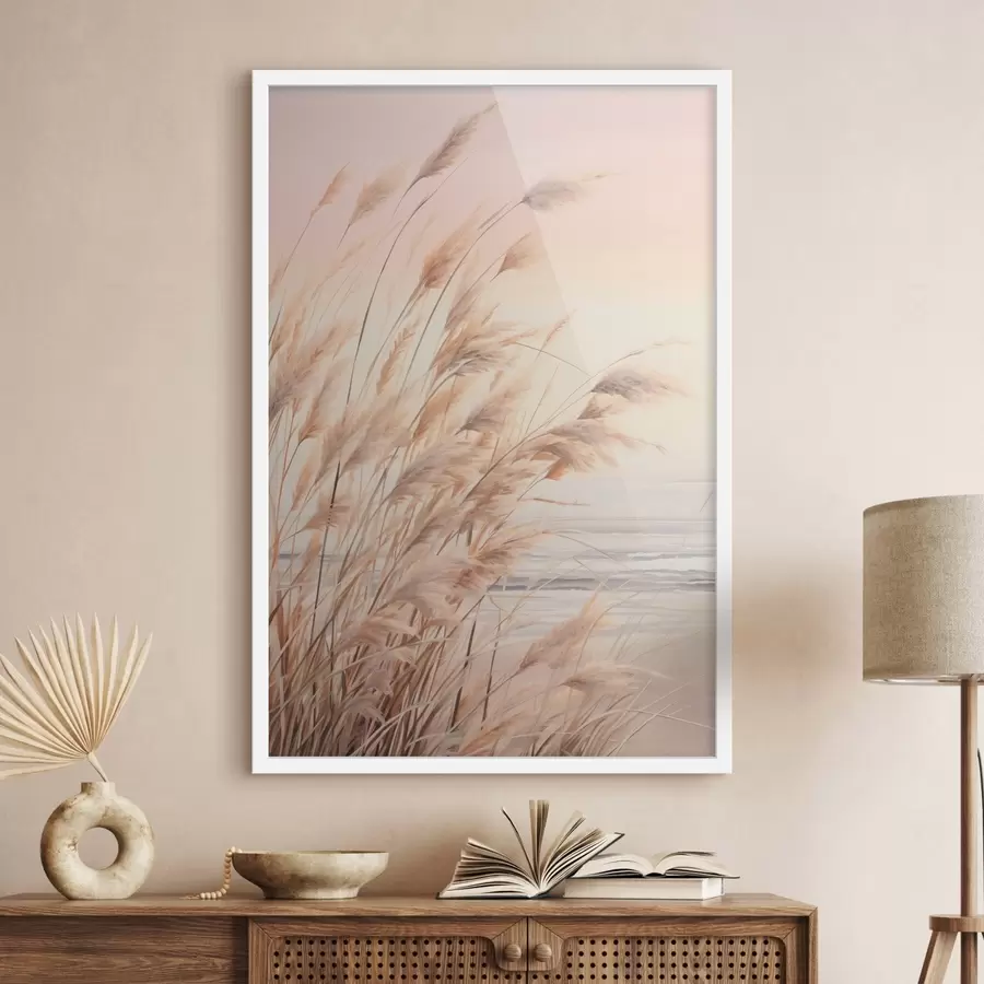 murales de pared Hierba de la pampa con una paleta de colores naranja pastel, cielo rosa claro, un paisaje tranquilo f45934