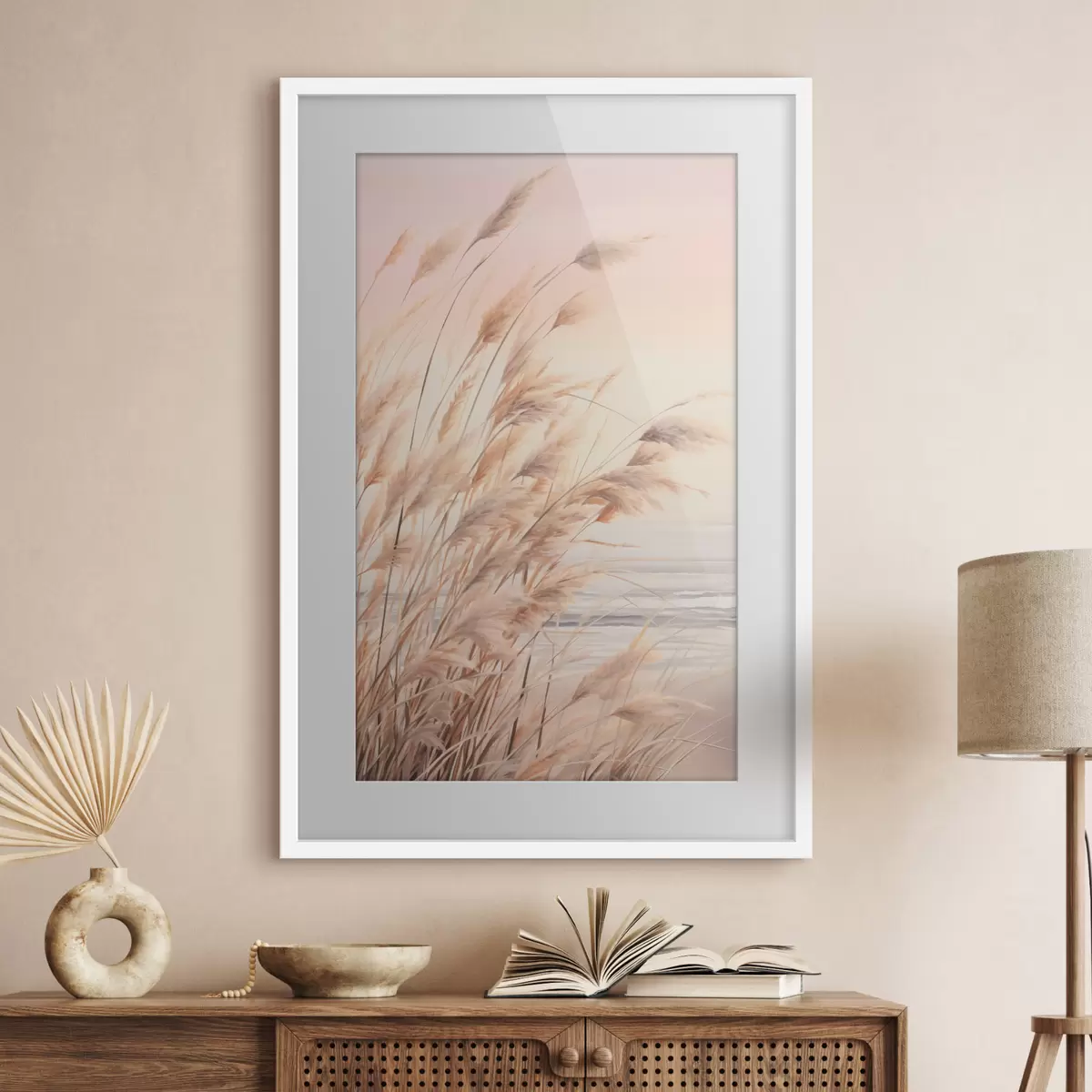 Poster Hierba de la pampa con una paleta de colores naranja pastel, cielo rosa claro, un paisaje tranquilo f45934