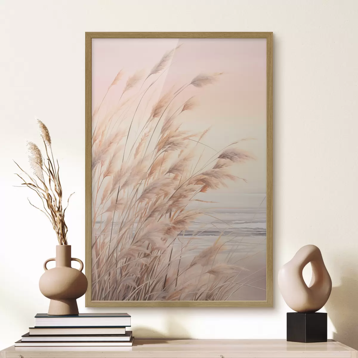 Poster Hierba de la pampa con una paleta de colores naranja pastel, cielo rosa claro, un paisaje tranquilo f45934