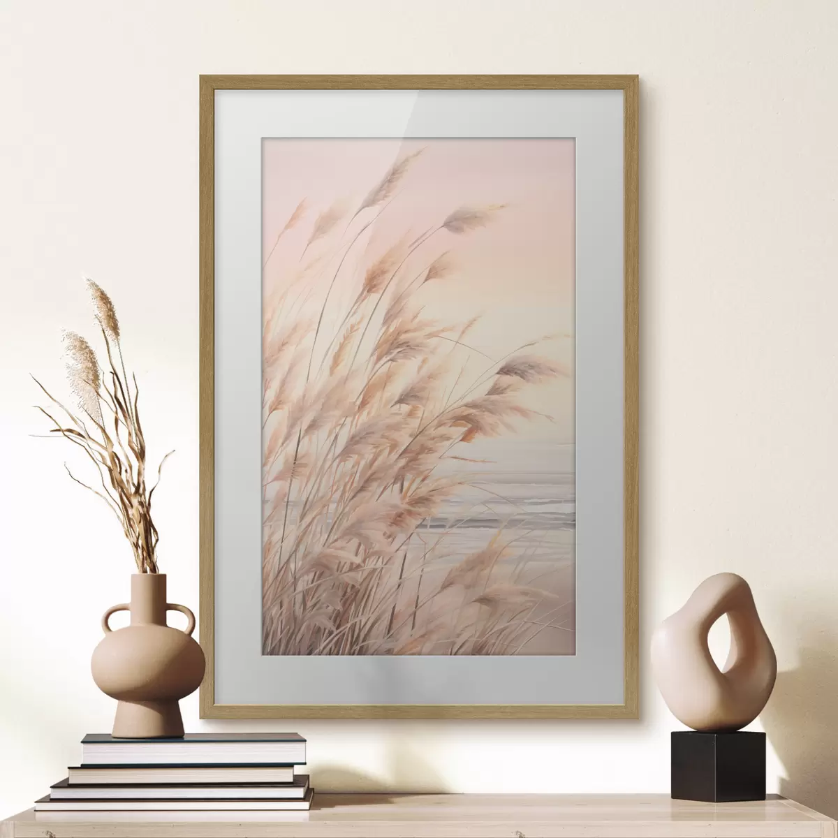 Poster Hierba de la pampa con una paleta de colores naranja pastel, cielo rosa claro, un paisaje tranquilo f45934