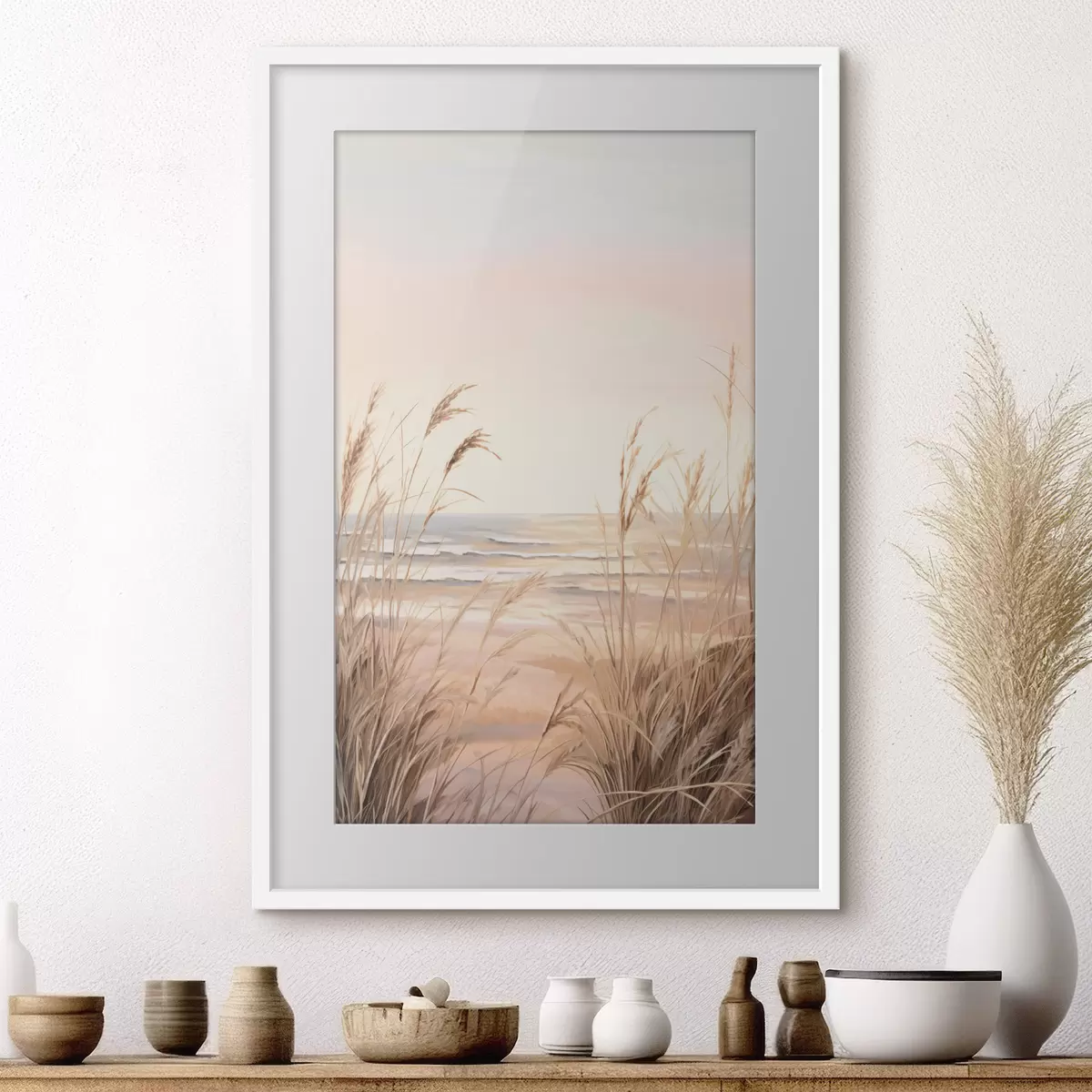 Poster Hierba de la pampa con una paleta de colores naranja pastel, cielo rosa claro, un paisaje tranquilo f45935